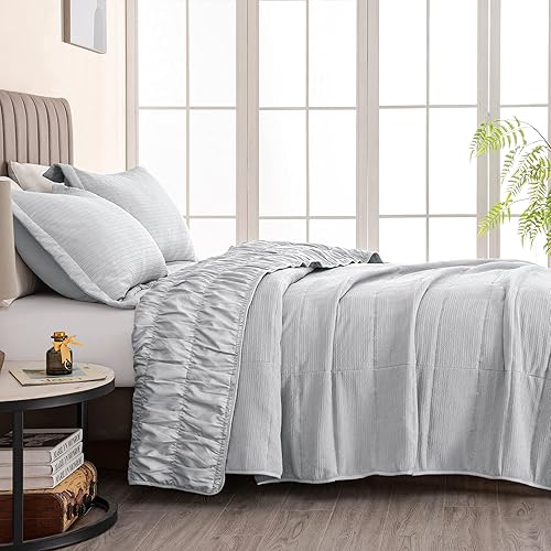 Miniatura 8 de Great Bay Home - Edredón tamaño matrimonialqueen, gris claro, de elastano, de 3 piezas con 2 fundas, colchas modernas, acogedoras y para todas las