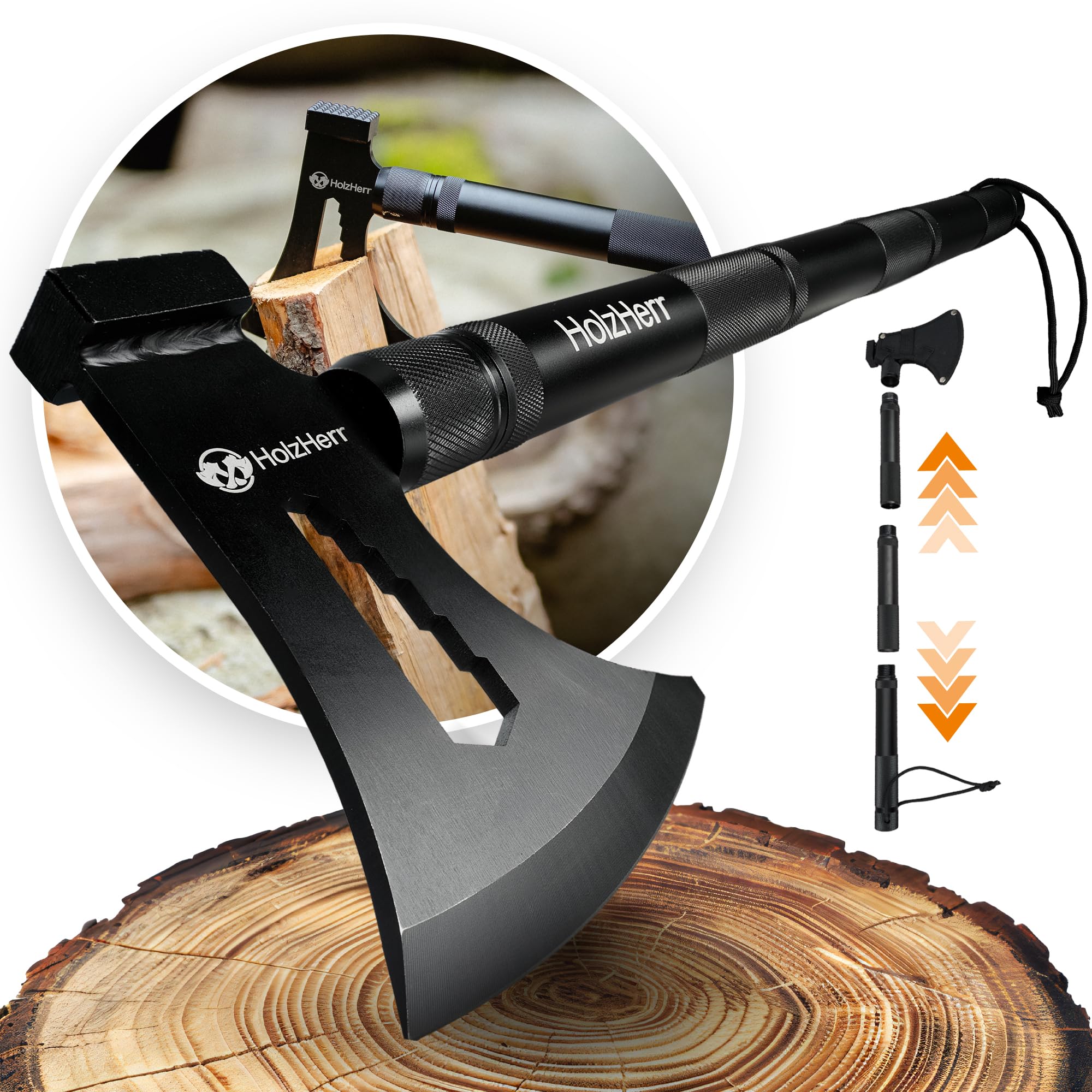 Spaltaxt 60 cm | Verlängerbarer Griff, Edelstahl-Kopf, Outdoor, Garten, Feuerholz, Spaltbeil & Handbeil, Campingaxt