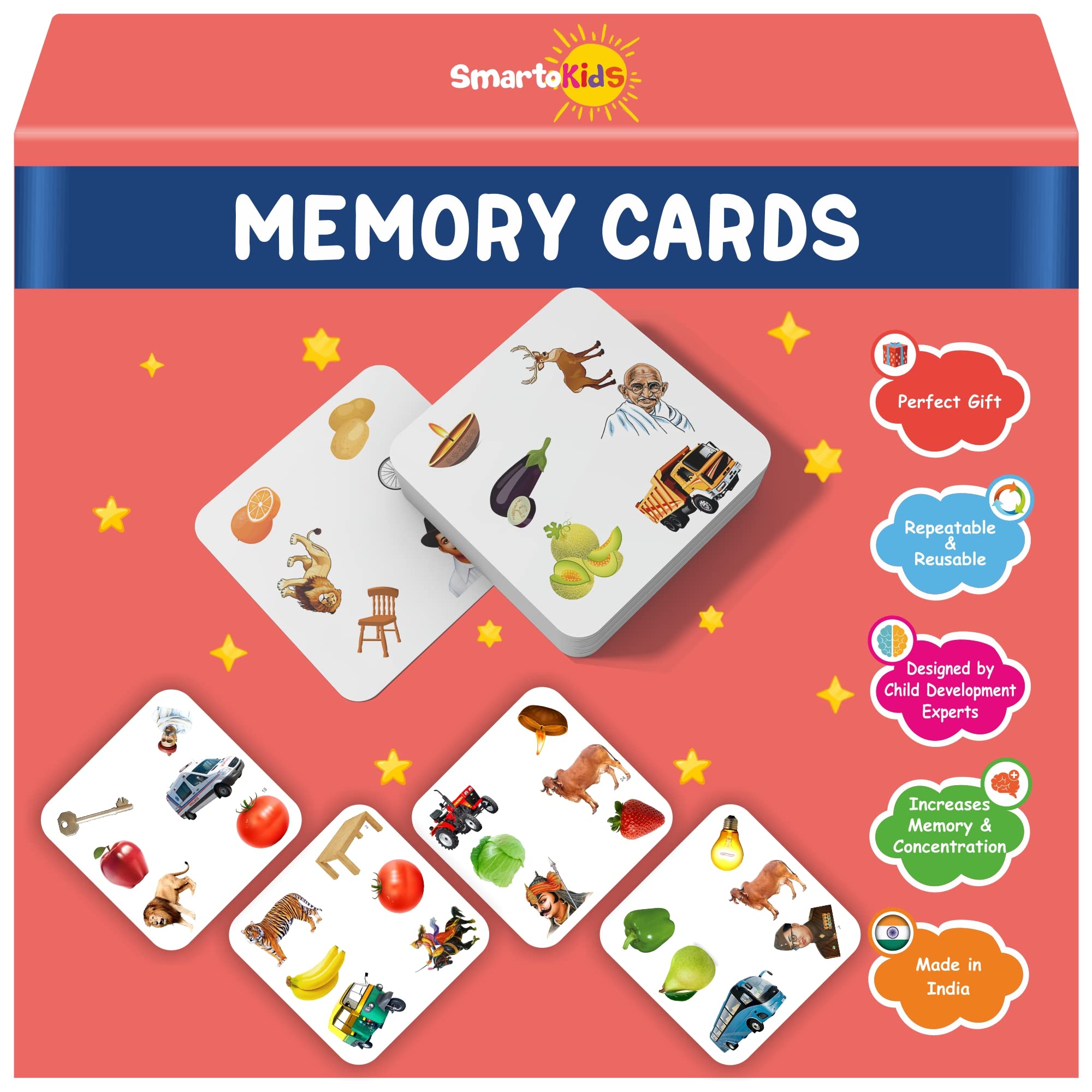 SmartoKids Memory Card Game for Kids- Animals, Fruits, Vegetables, Vehicles, Household Things and Great Indian Characters Themed Playing Cards
