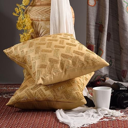 Miniatura 2 de Almohada amarilla con cuentas a mano para sofá, funda de almohada decorativa única, paquete de 2 fundas de almohada amarillas, funda de almohada