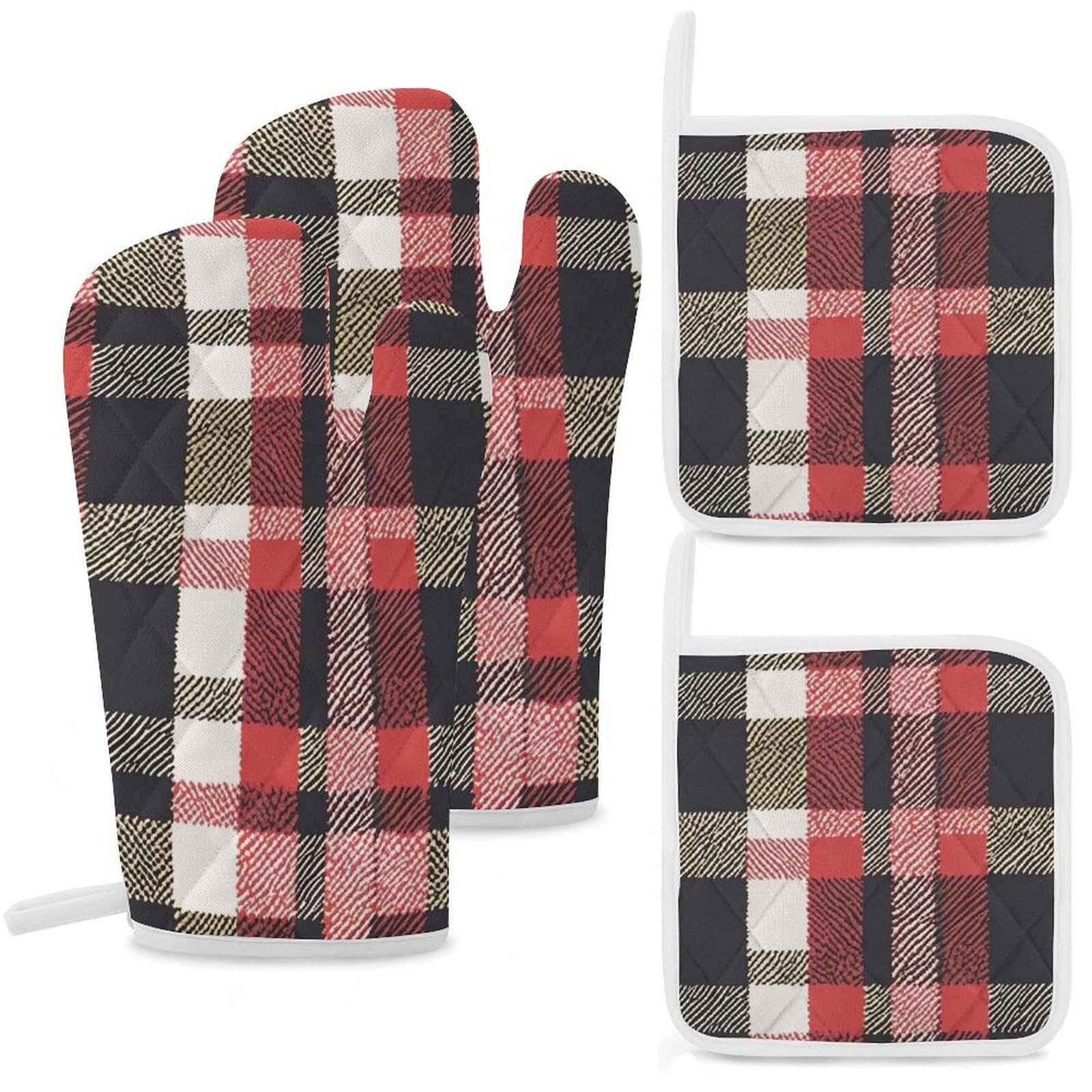Gants de cuisine antidérapants et lavables avec maniques isolantes à carreaux pour four et grillades
