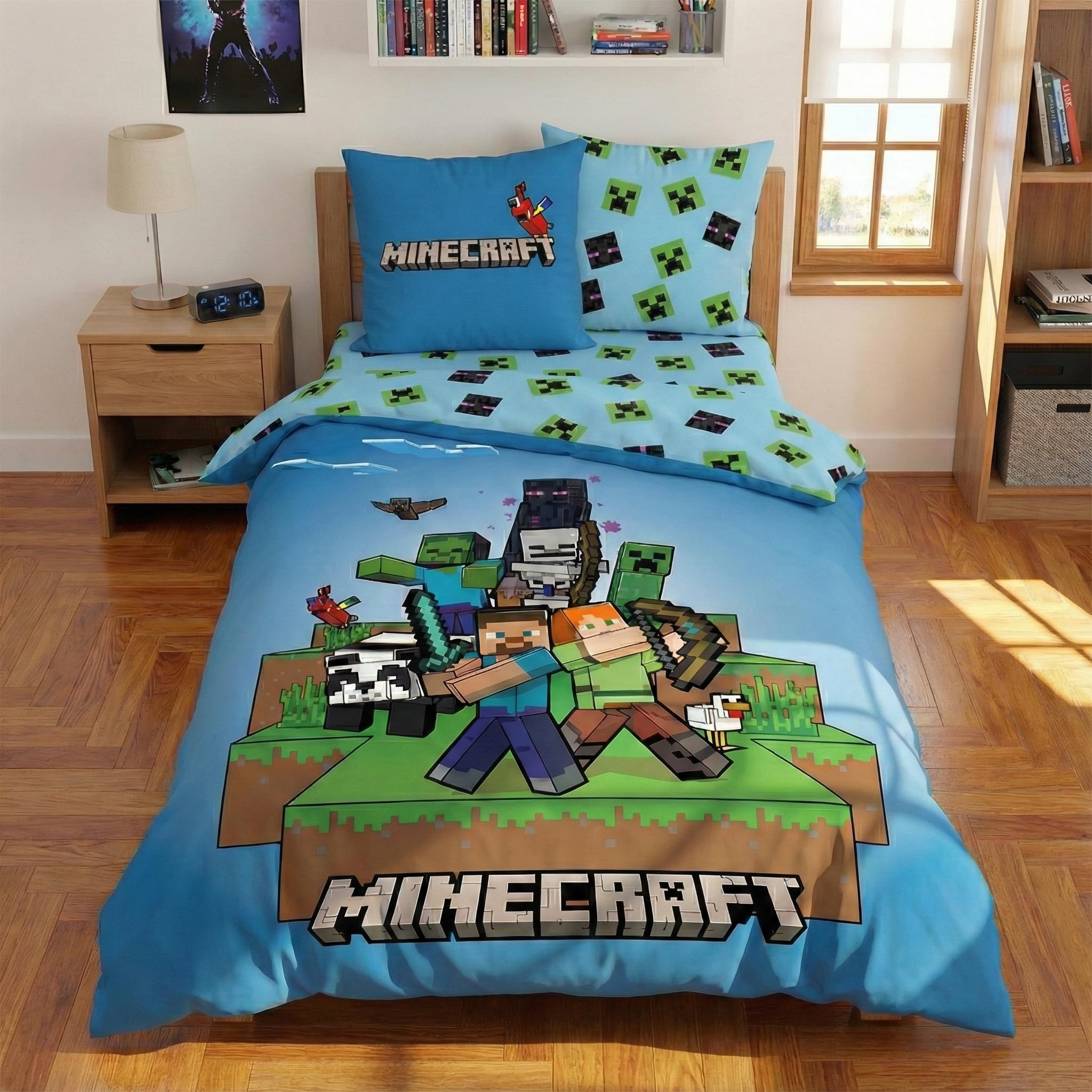 Minecraft Ready to Survive Parure 3 Pièces 140x200 + Taie 63x63 + Drap Bleu | Housse de couette + drap-housse 90x190 | Steve Alex Creepers Minecraft | Enfant | Cadeau | Lavable en machine