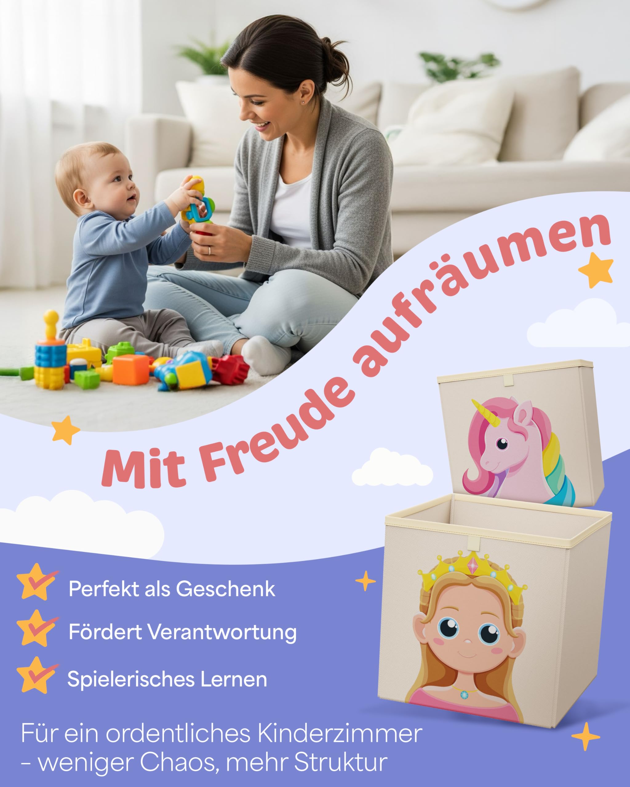 4er Set Aufbewahrungsboxen für Kinder - Passend für Kallax, Märchenmotive für Mädchen und Jungen, ideal für Spielzeug und Kinderzimmerregale