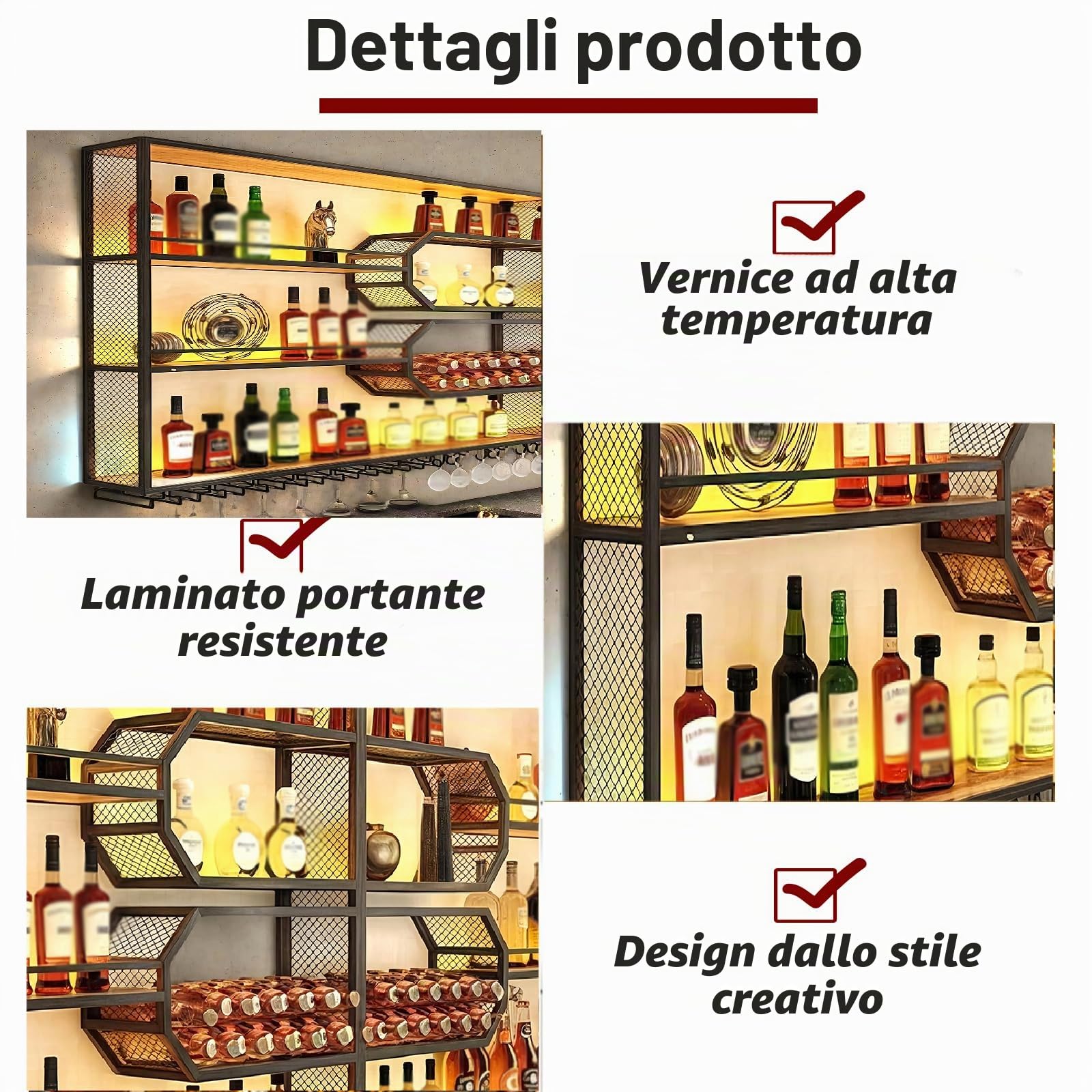 301cm Portabottiglie Da Parete con portabicchieri a LED, 4 ripiani Espositore Creativo Per Vino Da Parete, Metallo Porta Vino Portabottiglie da parete per bar, ristoranti e casa (301*125*25cm)