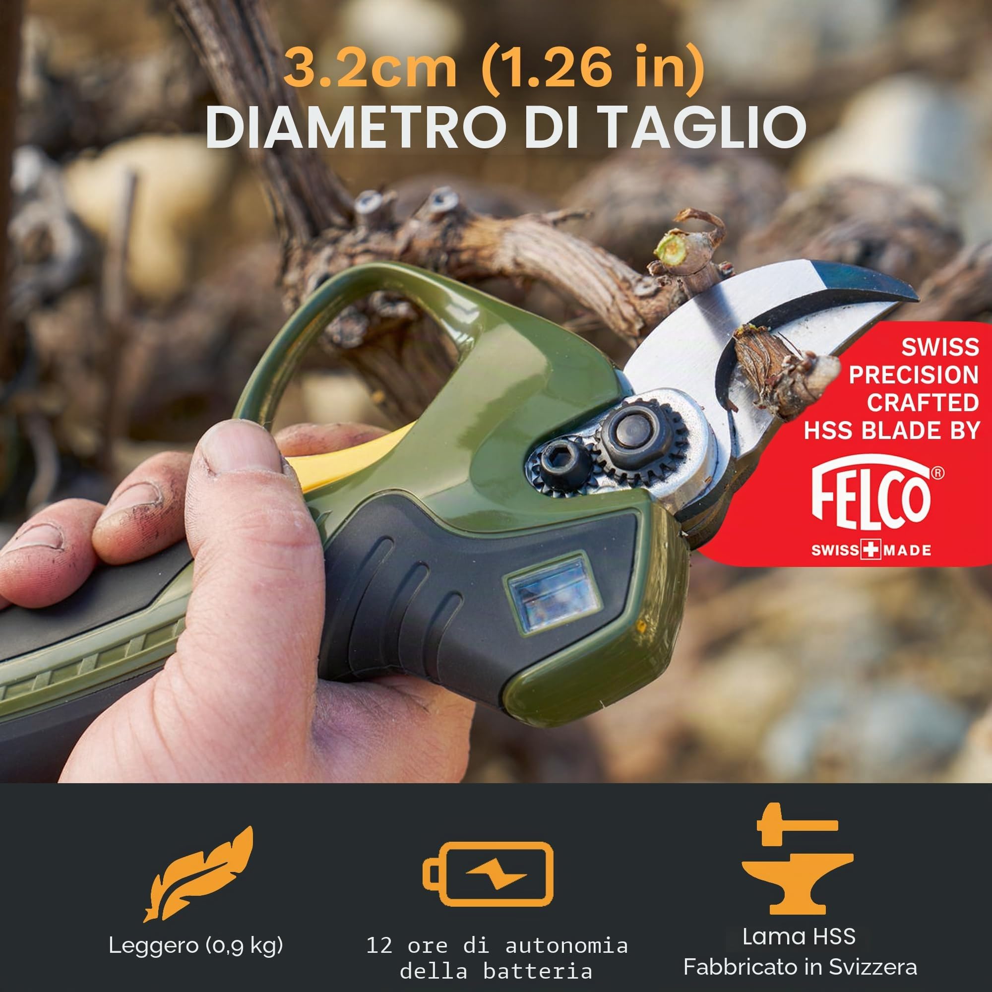Alpen Wildhorn 32 - Kit di potatura elettronica con batteria agli ioni di litio senza fili, 12 ore di autonomia 3 batterie carica simultanea a 3 vie Felco prodotta in Svizzera