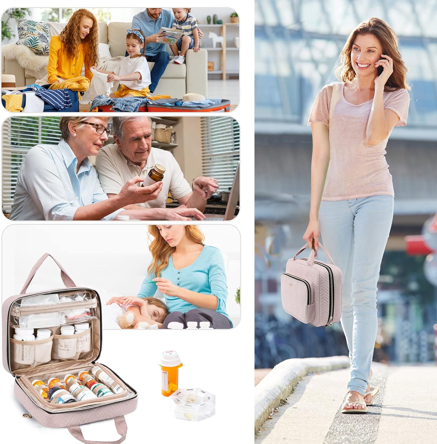 BAGSFY Medicine Bag for Traveling, Pill Bottle Organizer Storage, Large Medication Travel Case, Pills Box for Vitamin, First Aid Kit Bags Empty. (Comes with Weekly Pill Organizer)