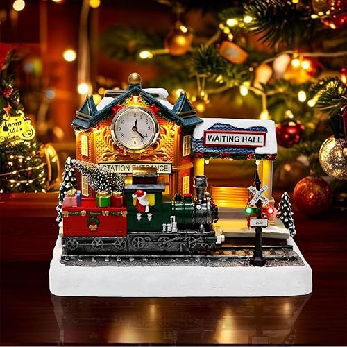 Miniatura 7 de Decoración de mesa de estación de tren animada navideña, edificio iluminado con reloj, música, luces LED, tren en movimiento, exhibición interior de