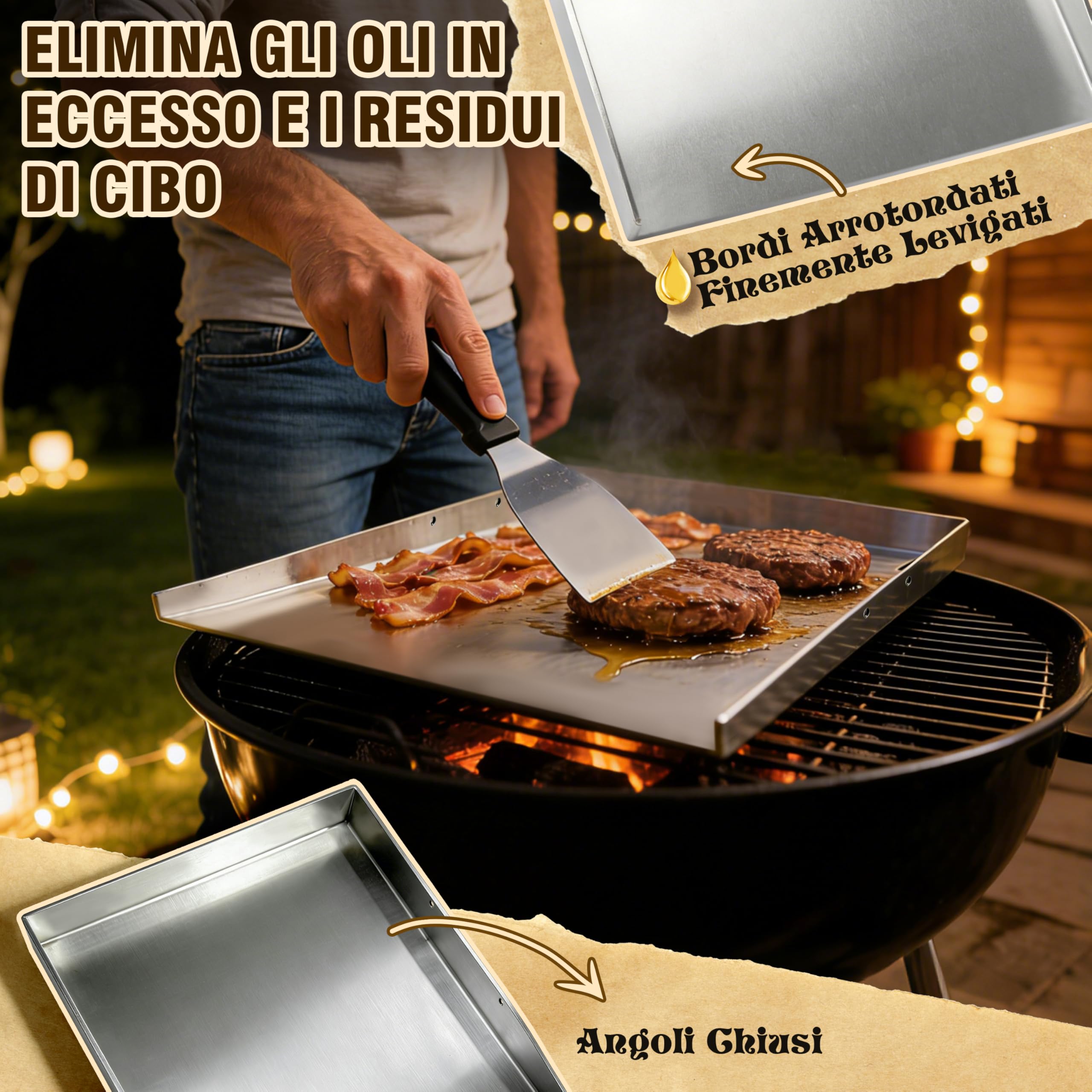JONRRYIN Piastra Acciaio Inox Barbecue 40 x 30 cm, Plancha in Acciaio Inox per Barbecue Gas con 2 Spatole e Manico Rimovibile per BBQ a Gas e BBQ a Carbone (Tre spigoli)