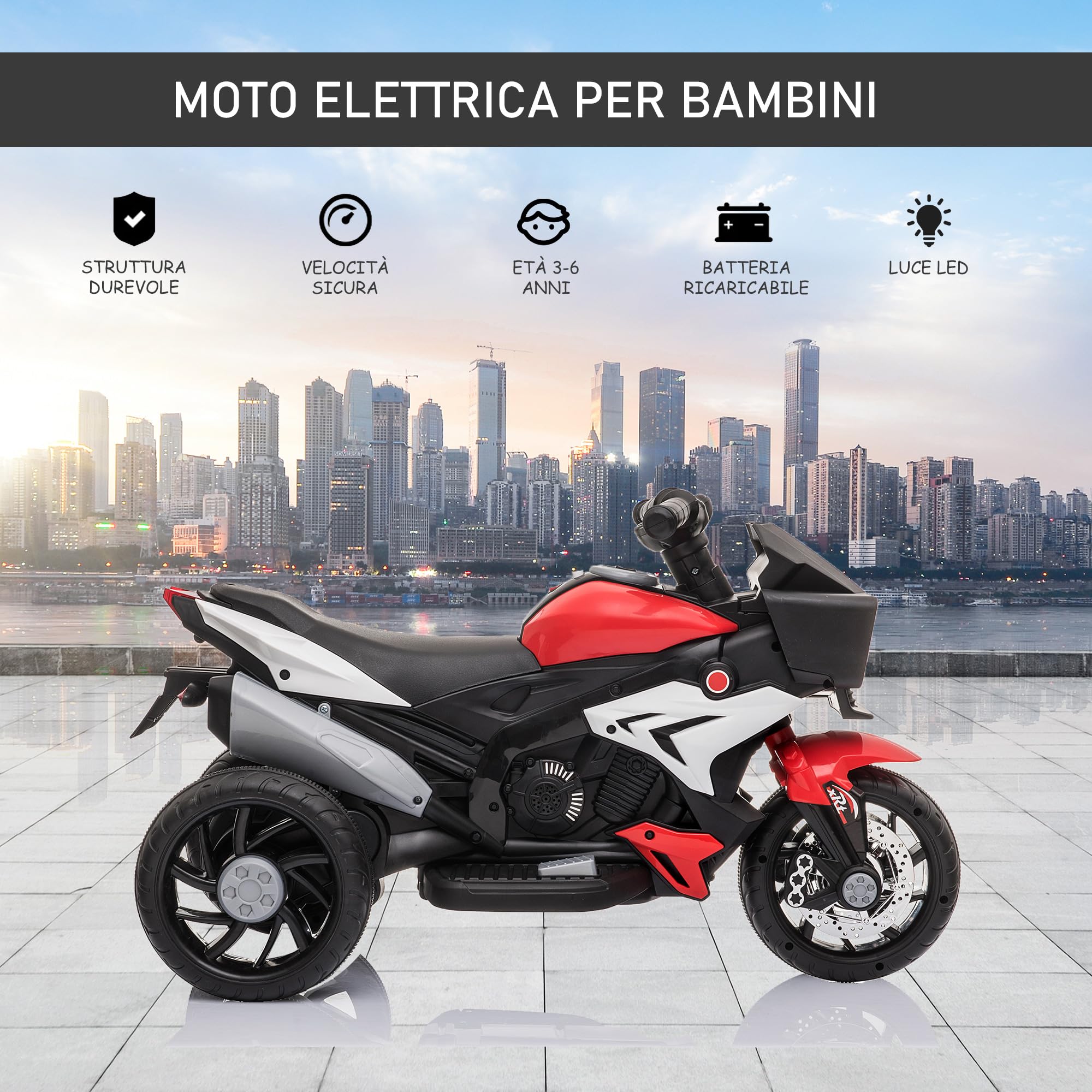 HOMCOM Moto Elettrica per Bambini 3-5 Anni 6V (max. 25kg), Velocità 3km/h, Motorino Elettrica per Bimbi con 3 Ruote, Luci e Suoni, Rosso, 86x42x52cm