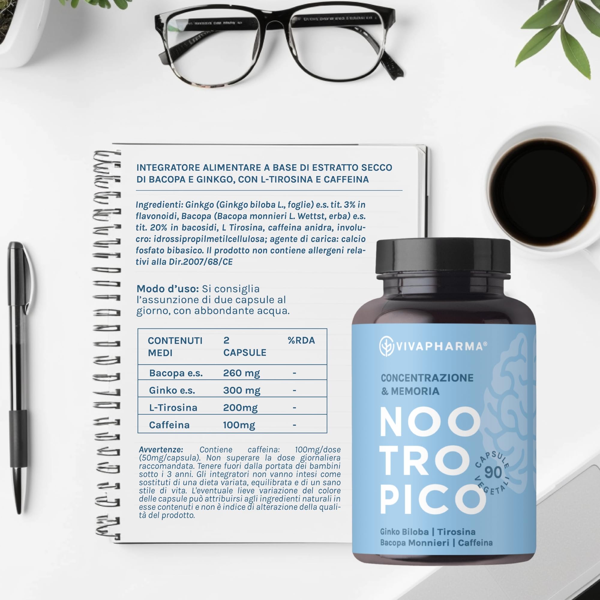 Nootropico Naturale - 90 capsule - con Ginkgo Biloba e Bacopa Monnieri - Integratore Memoria e Concentrazione - Made in Italy