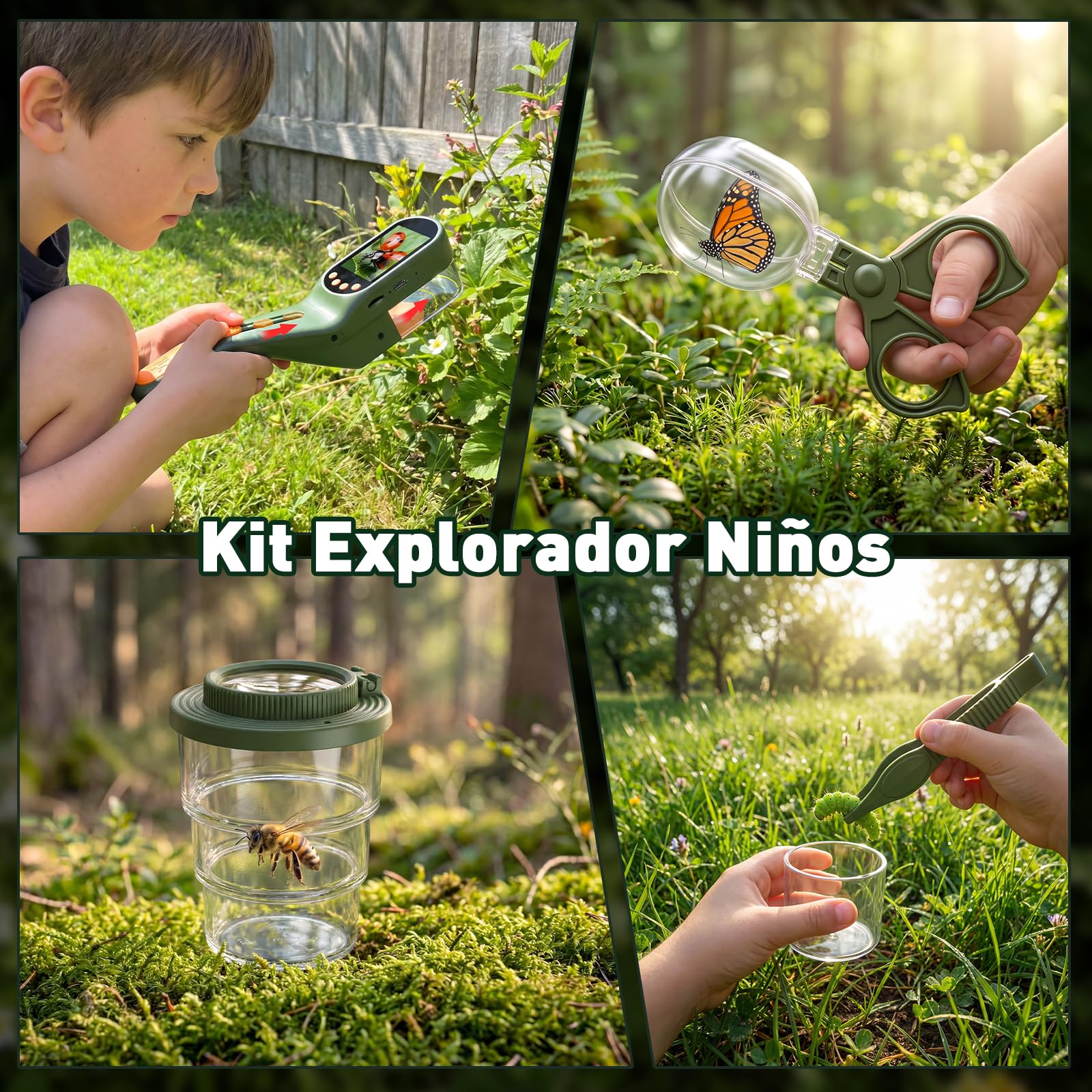 Atrapa Insectos con 500X Pantalla - Kit Explorador Niños, Kit Cazabichos con Lupa, Pinzas, Porta-Insectos,Insectos Juguete, Aire Libre Aventura Juguetes para Niños y Adultos (Verde Oscuro)