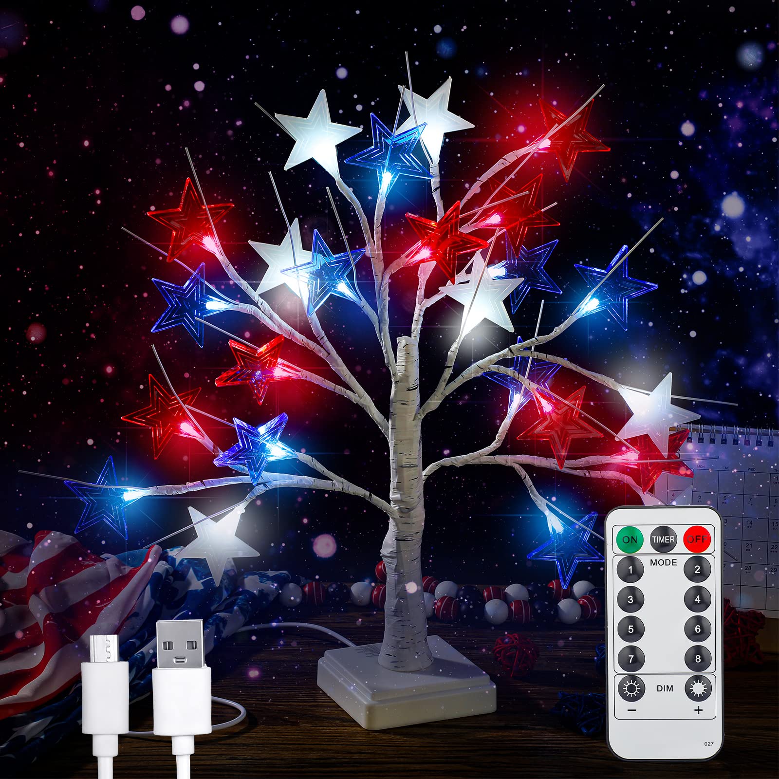 Photo 1 of 2 item bundle Kittmip 4th of July Decorations Tree with 24 Red White Blue LED Star Lights, USB and Battery Operated Patriotic Tree Light with Remote Control for Independence Day Home Tabletop Decor