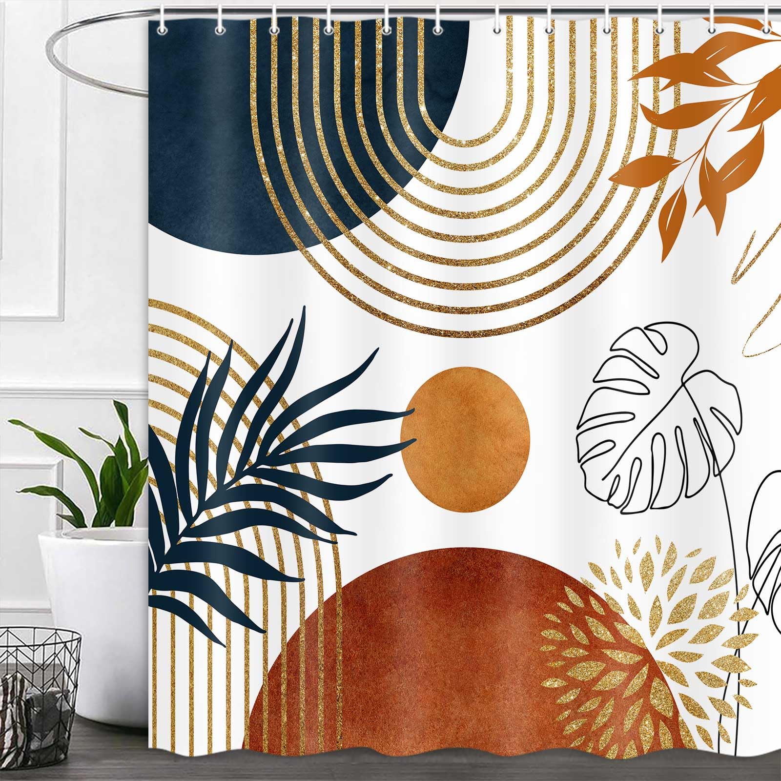 Moon Phase Shower Curtain Mid Century Modern Abstract Boho Floral Aesthetic Vintage Bohemian Flower Black Gothic Zodiac Bathroom Accessories Women Gi