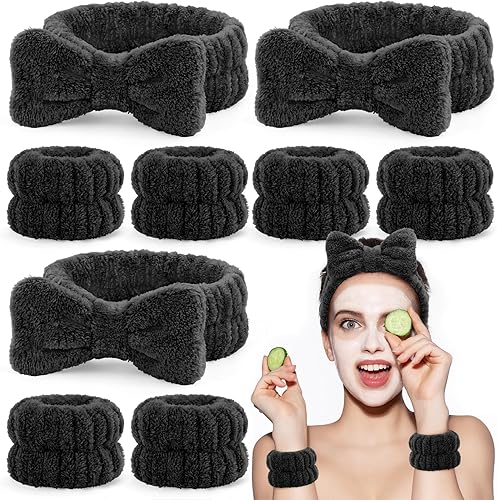 EIMMBD Juego de lavado facial para mujer, muñequeras y diadema de microfibra, bandas absorbentes para el sudor para maquillaje y spa (negro, 9