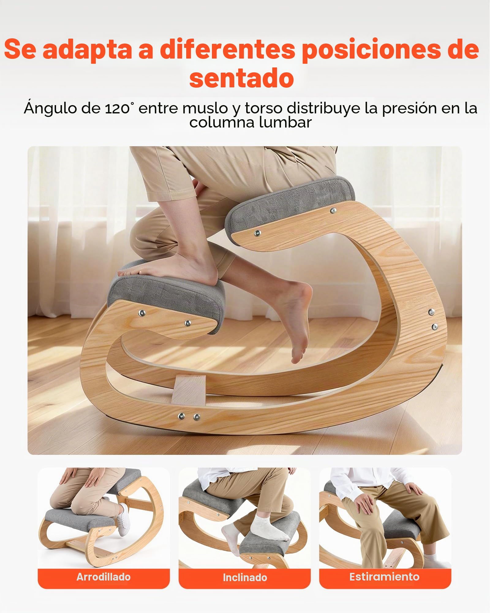 VEVOR Silla Ergonómica de Rodillas con Estructura de Madera y Cojín de Espuma Gris, Taburete para Rodillas Carga de 120 kg, Relajarse de Cuello y Espalda para Hogar, Oficina, 82 x 54 x 55,5 cm