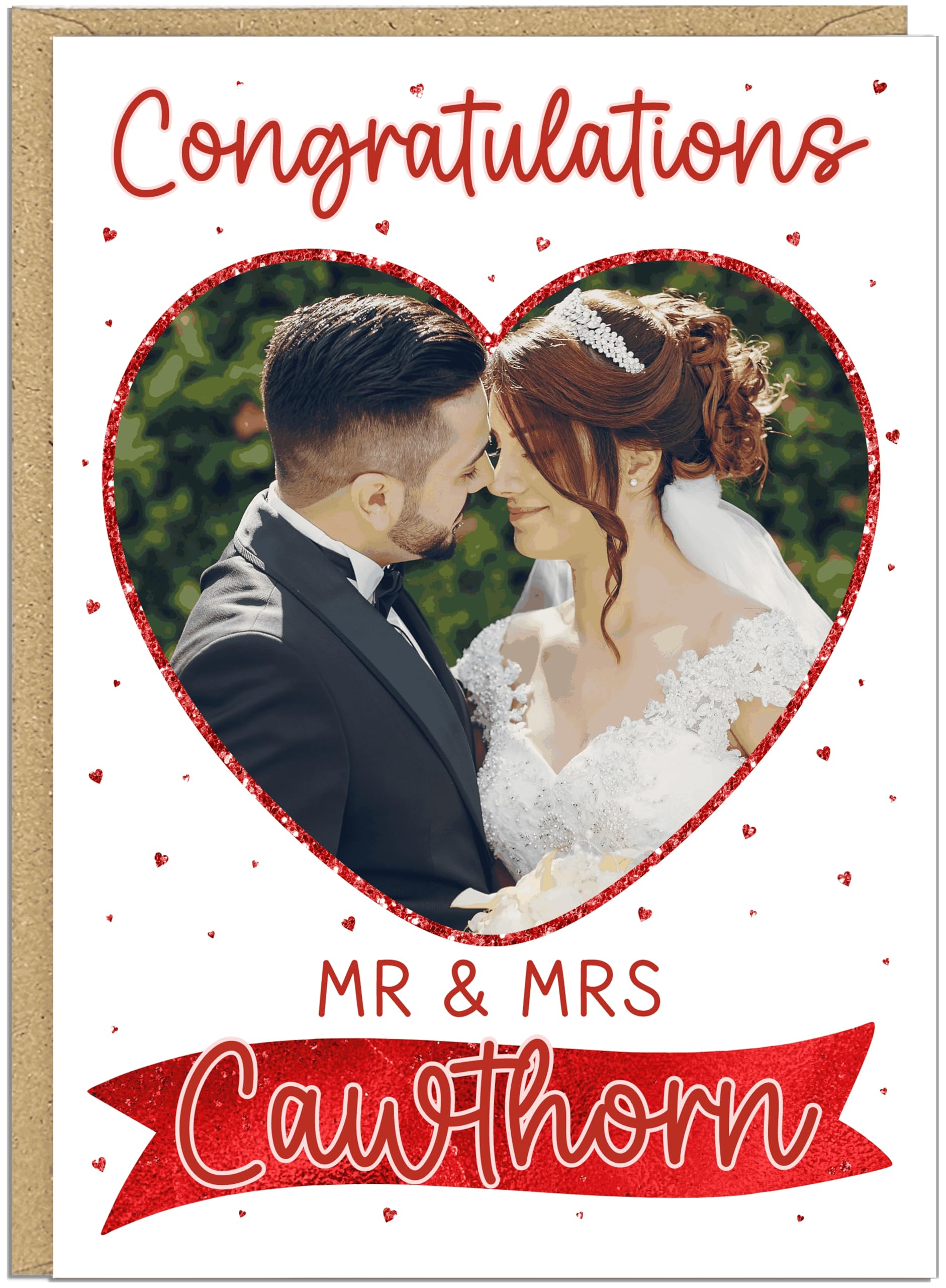 Personalised Wedding Congratulations Cards with Photo and Name | Custom Mr & Mrs Card | 11 Colour Theme Options | Heart Photo Wedding Couples Anniversary Card, Red