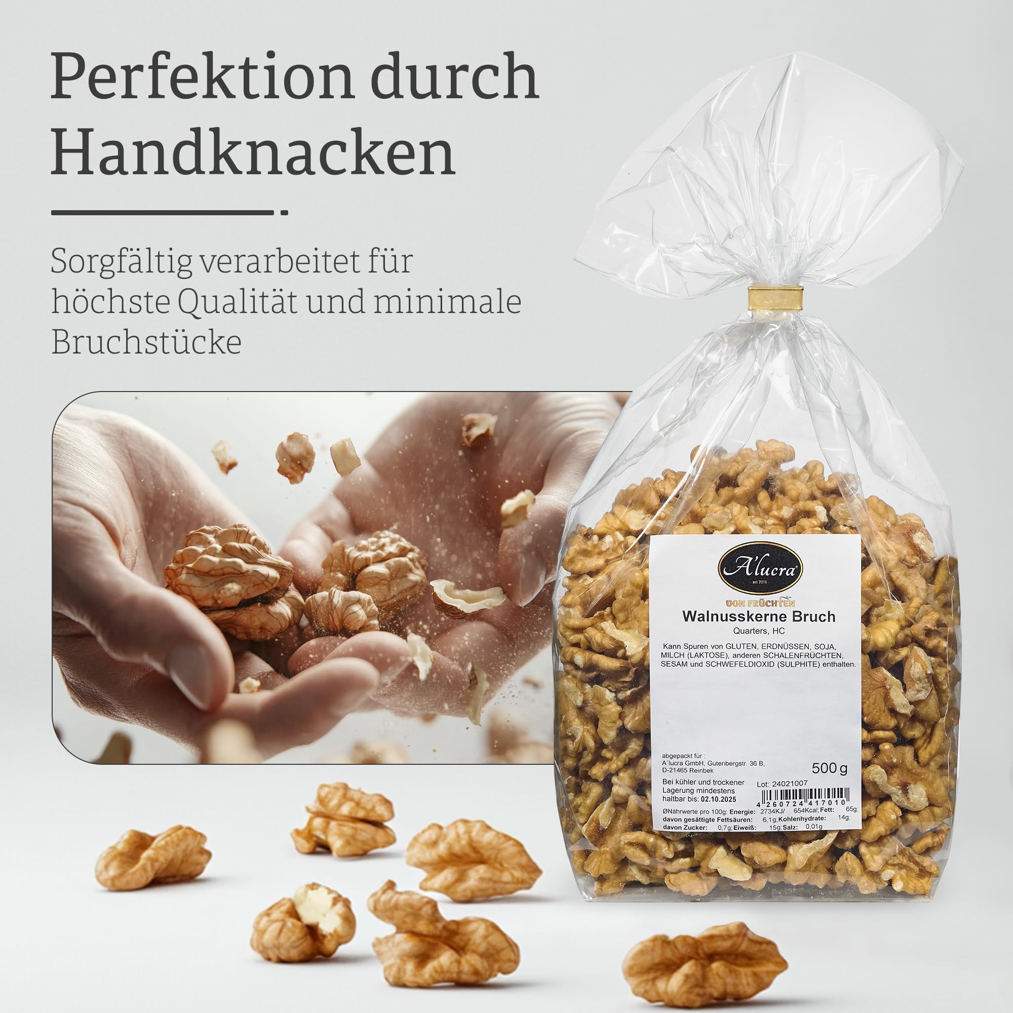 Alucra Wallnüsse naturbelassen - Walnusskerne extra hell - Handgeknackt aus Chile - Walnussbruch reich an Omega-3 - Walnüsse geschält ohne Zusätze - 500g Packung