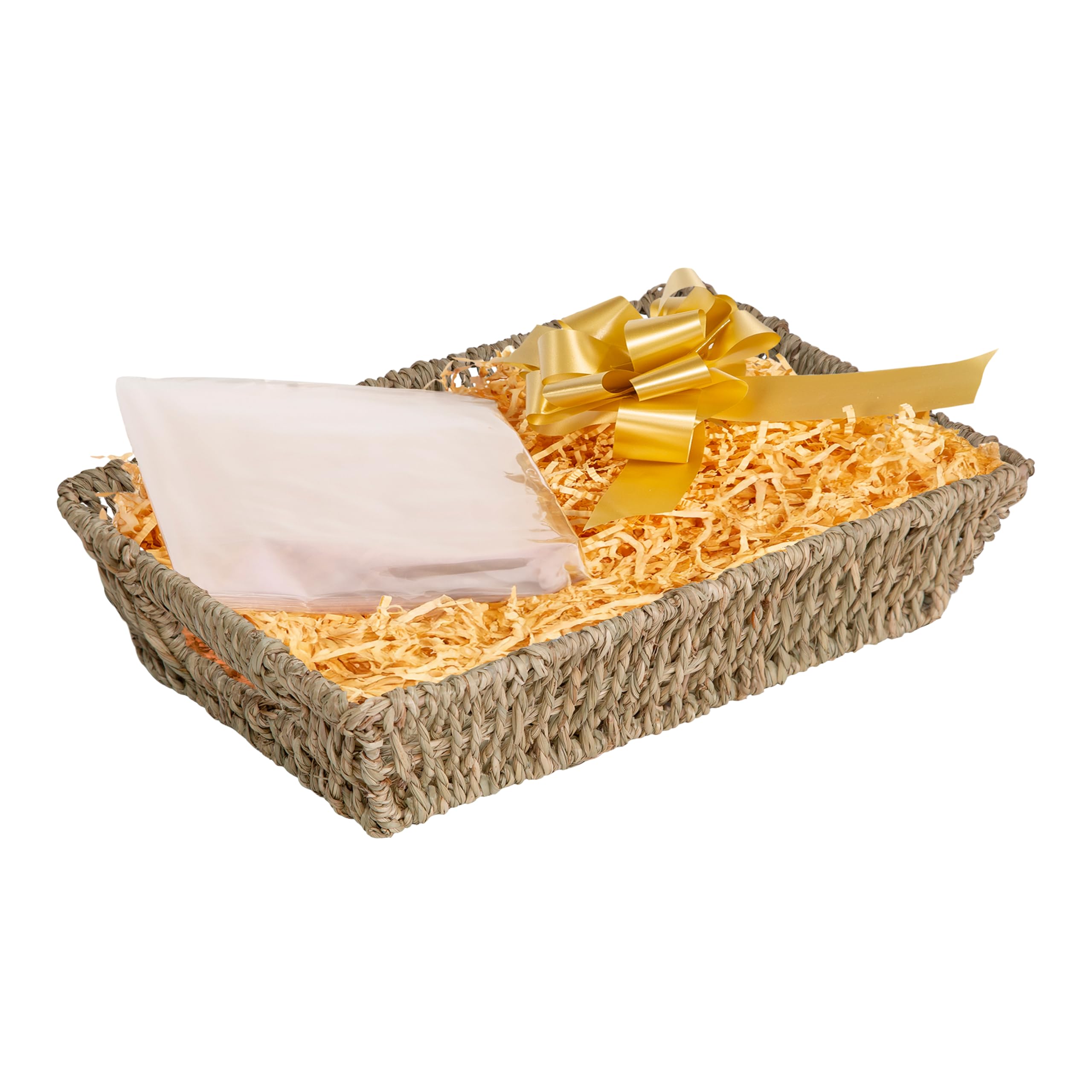 Wickerfield Gift Hamper Basket Kit with Shredded Paper, Make Your Own Gift Hamper, Paper Rope Storage Organiser with Handle, Woven Wicker Basket Tray, Seagrass Basket (Seagrass Basket, Beige Filling)