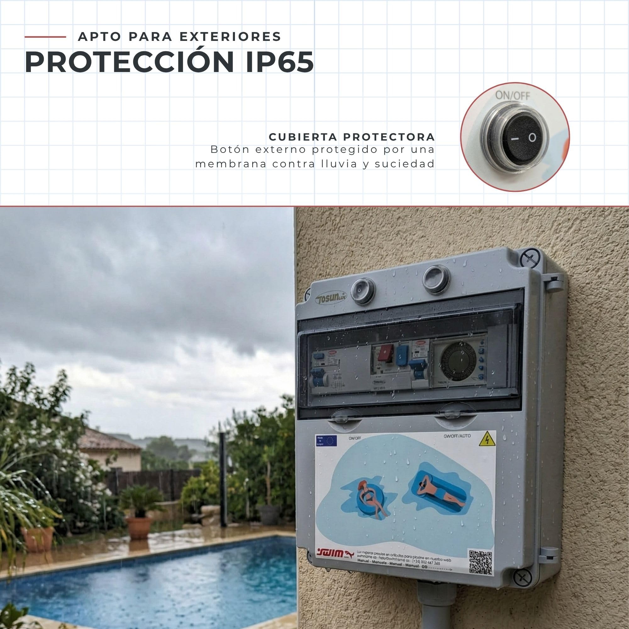 Tosun Cuadro Eléctrico Piscina Trifásico, 150W 12V IP65, Bomba 6-10A, Control RGB 4 Hilos, Gris, 30 x 25 cm