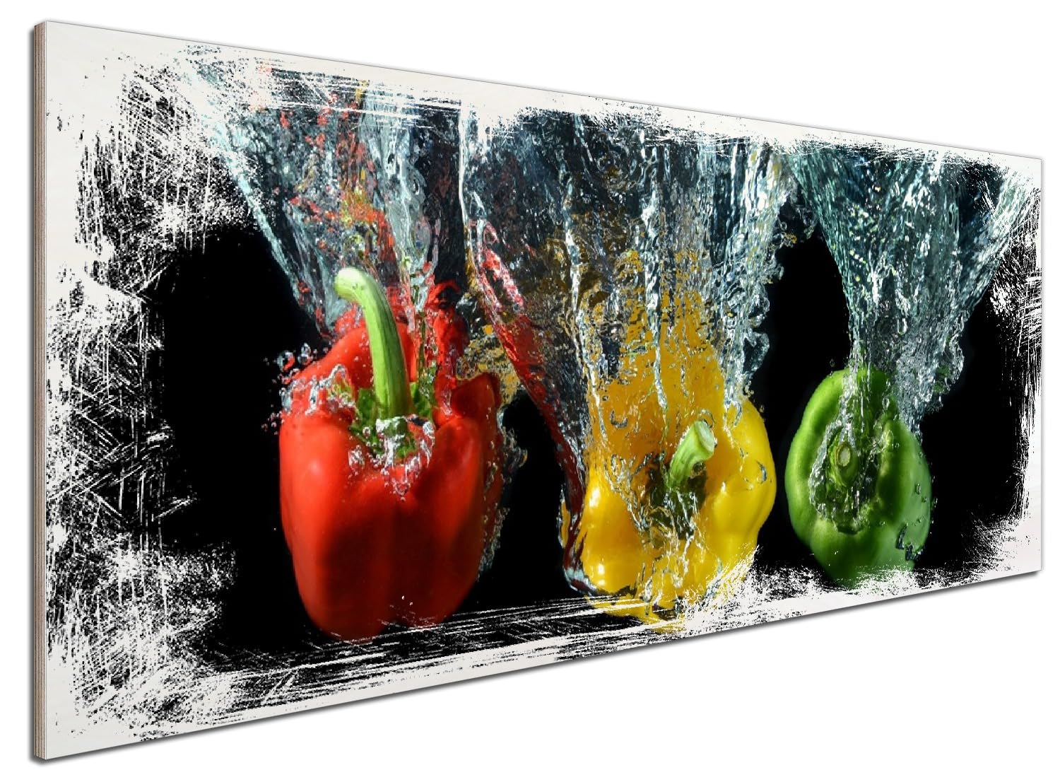 Wallario Wandbild aus Holz Paprika-Mix - frische Paprika in rot, gelb und grün im Wasser - 50 x 125 cm in Premium-Qualität: Brillante Farben