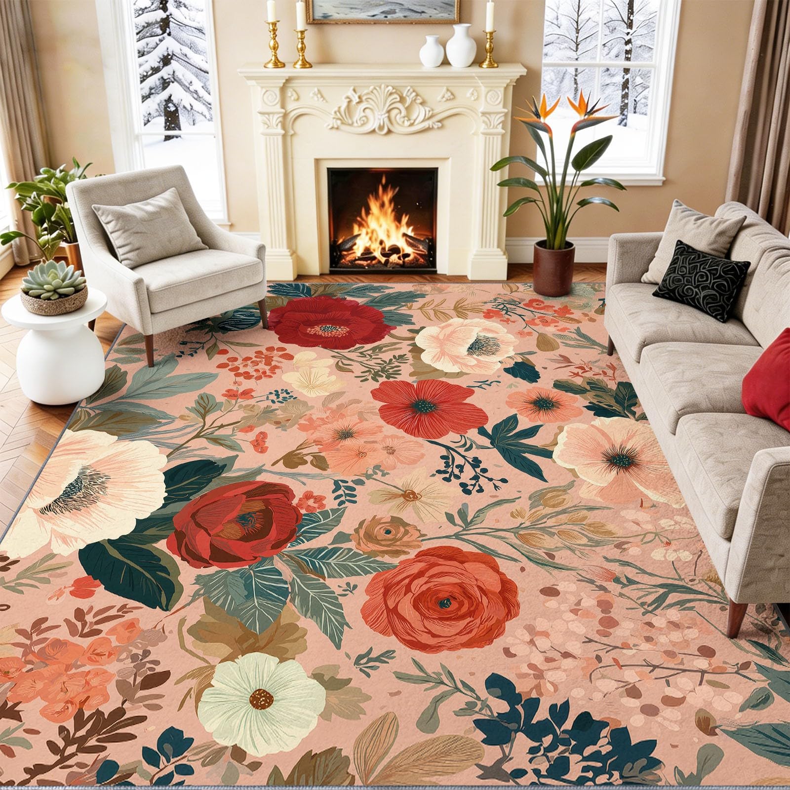 Tapis de zone 100x150 cm lavable et antidérapant aux motifs de fleurs rétro rose