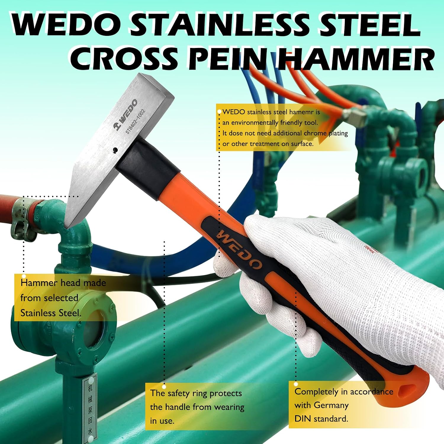 WEDO Stainless Cutoff Hammer(Japan Type) with Fiberglass Handle, Pointed Head, Corrosion Resistant, Rust Proof, Durable, Environmental friendly, 250g, 280mm, 11"