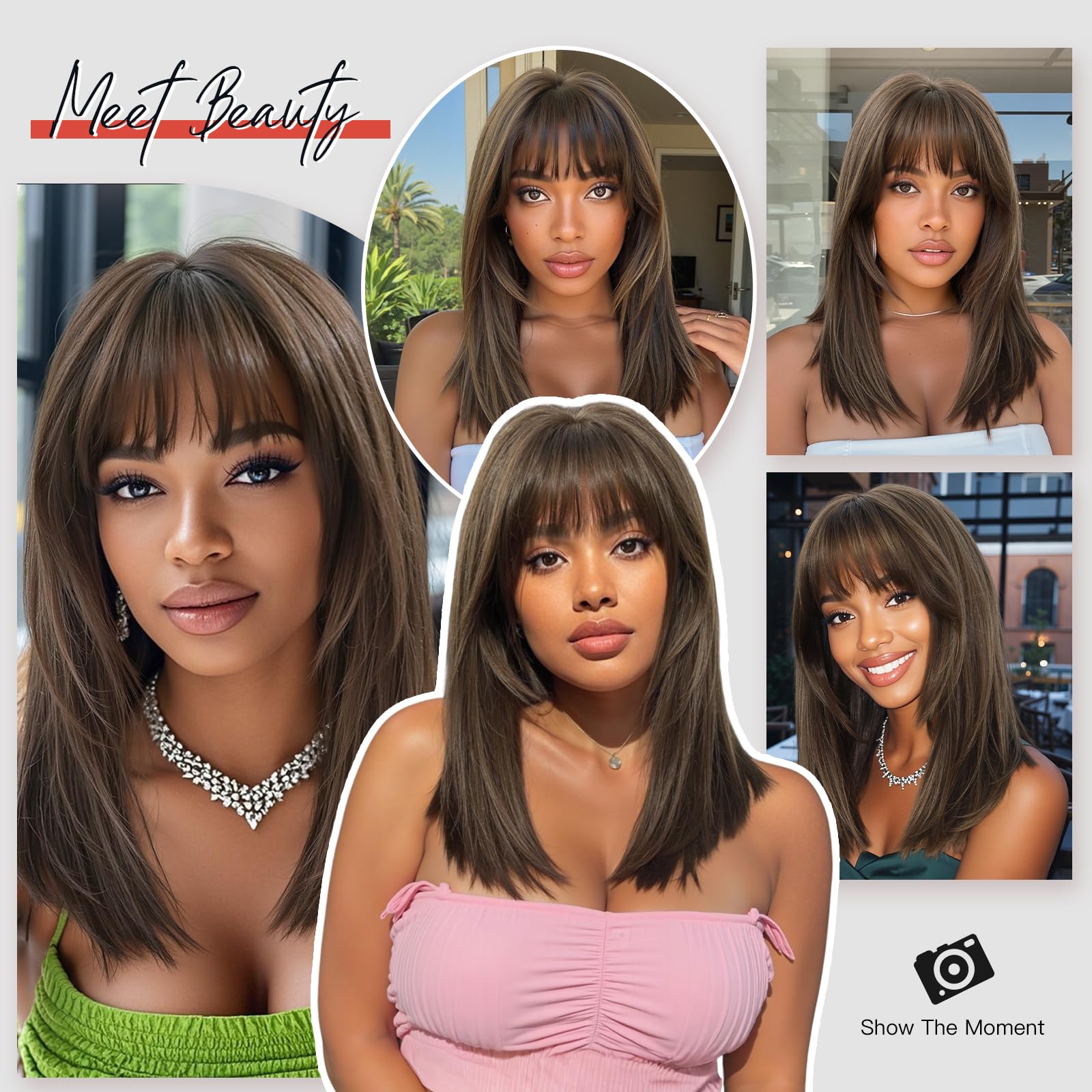 Allbell Short Brown Bob Wigs for Women with Bangs Natural Straight and Shoulder Length Synthetic Hair Wig for Daily Wear & Costume Use - Image 4