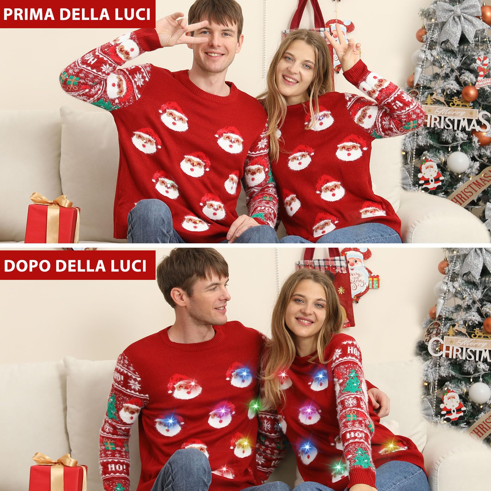 Maglione Natalizio con Luci LED, Maglioni Natalizi Famiglia Set, Brutti Maglione Natalizio Uomo Donna Ugly Christmas Sweater, One Piece Manica Lunga Maglia Natale Maglione di Natale per Coppia