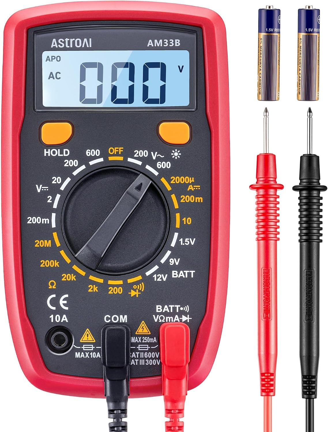 AstroAI 2000-count multimeter with test leads and backlit LCD
