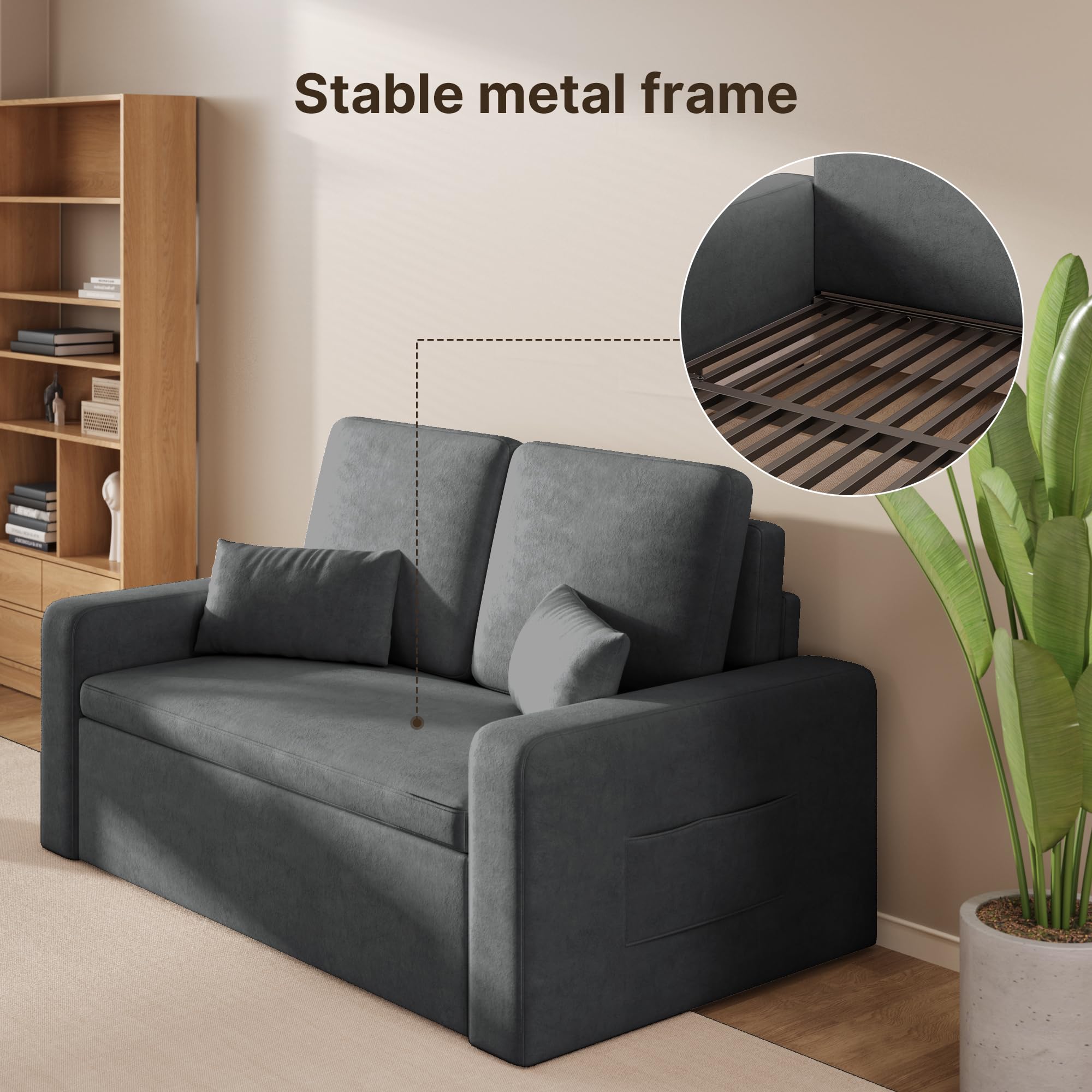 Xbro Sofa mit Schlaffunktion 147x196x87 cm, Schlafsofa 2-Sitzer Ausziehbar mit 4 Rollen, Modernes Veloursstoff Sofabett, Dunkelgrau
