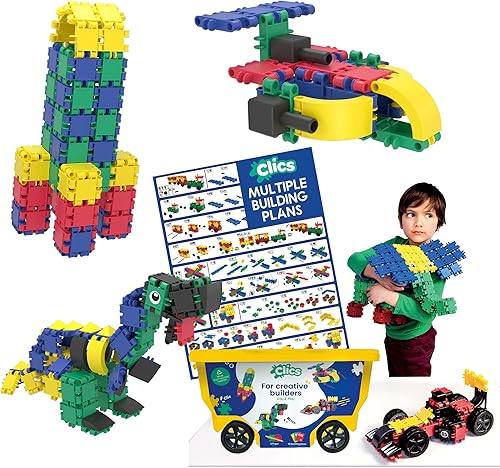 Clics Juego básico de 377 piezas, juguetes de construcción para niños y niñas de 3 años, caja rodante de bloques para aprender formas y colores,