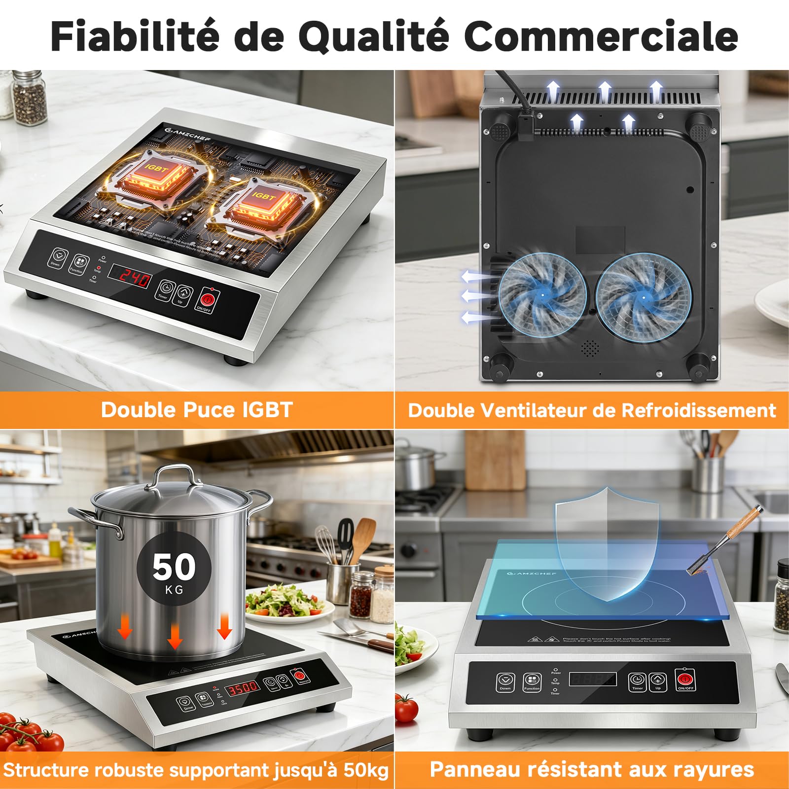 AMZCHEF Plaque Induction Commerciale 3500W, 21 Niveaux de Puissance&20 Niveaux de Température, Corps en Acier Inoxydable, Minuterie 10H, Adapté pour Cuisine de Restauration Professionnelle Restaurant
