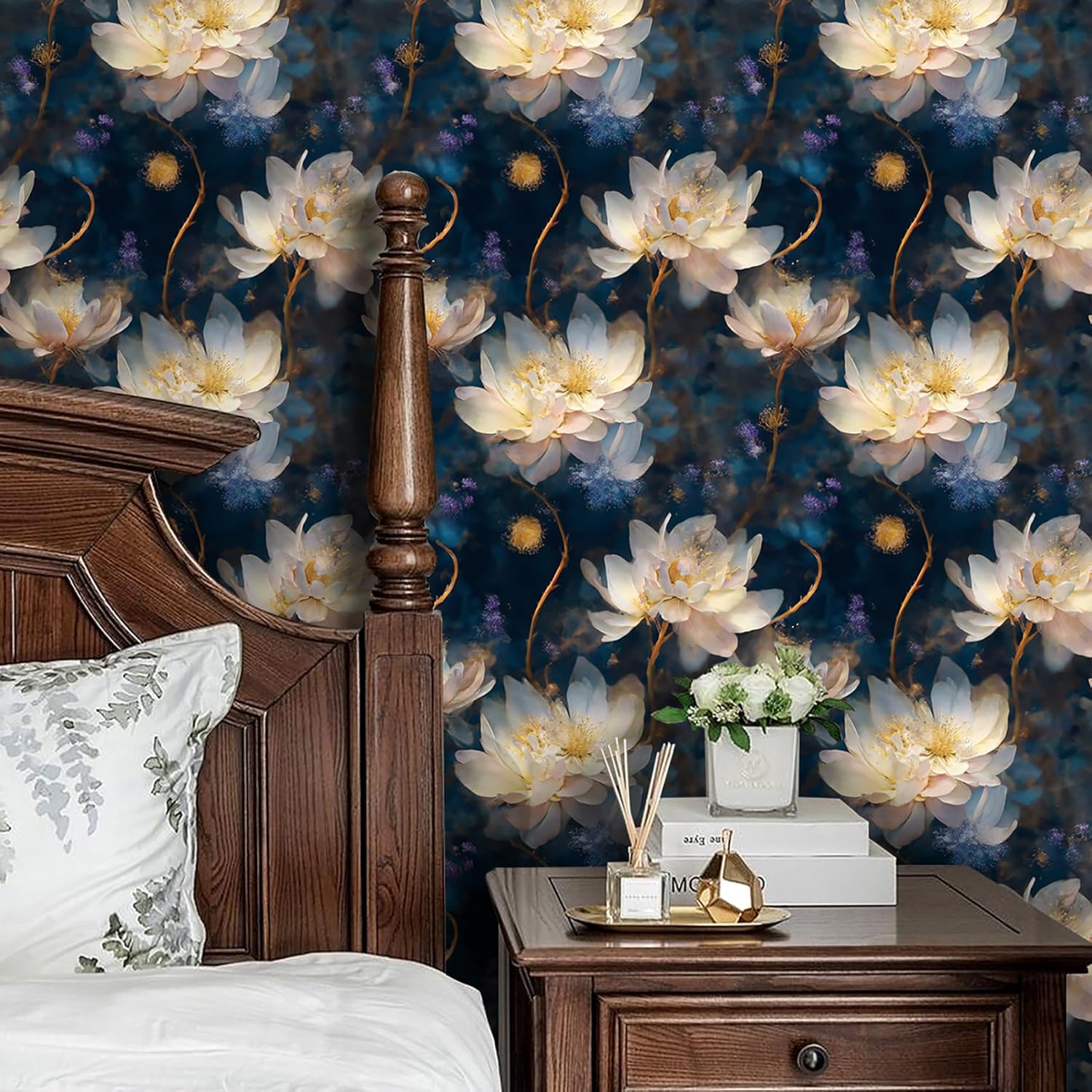 Livelynine Blue Wallpaper Peel and Stick Dark Floral Wall Paper Vintage Navy Blue White Gold Flower Self Adhesive Vinyl Wallpaper Art Waterproof Floral Contact Paper for Cabinets Walls 17.5x78.8