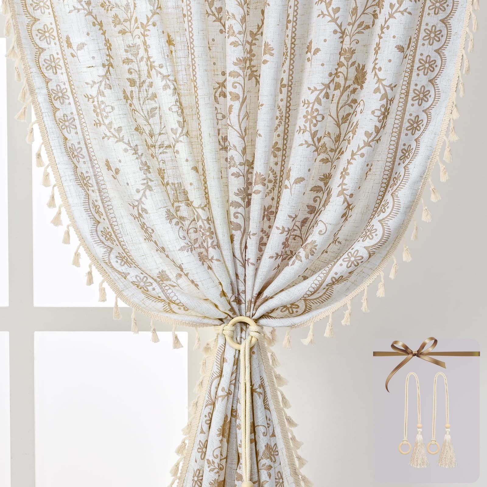 Yinhua Boho Curtains for Living Room 63 Inch Length Vintage Linen Curtains for Bedroom Light Filtering Window Curtain Rod Pocket &amp; Back Tabs Rustic Tassel Drapes with Tiebacks, White Beige