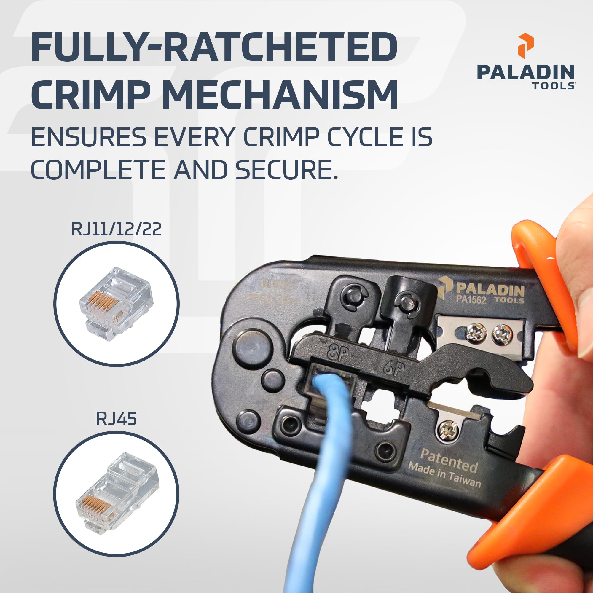 Paladin Tools PA1562 Herramienta de crimpado de alambre todo en uno - RJ45, RJ11, RJ22 - Herramienta de crimpado de paso y sin enganches - Cortar, tirar, engarzar