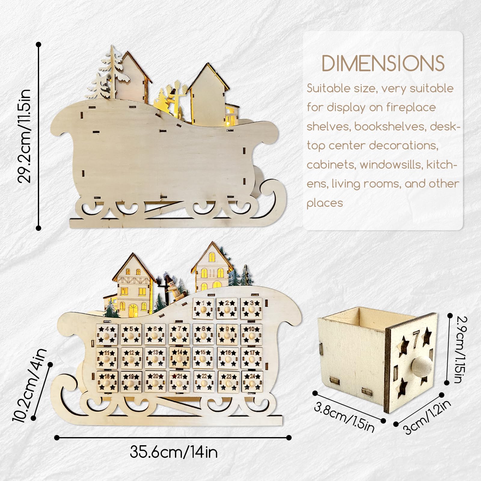 Irieiply Calendario de Adviento de madera con trineo de Navidad con 24 cajones, decoración LED, cabina y árbol de Navidad, calendario de Adviento vacío cuenta regresiva para Navidad para niños