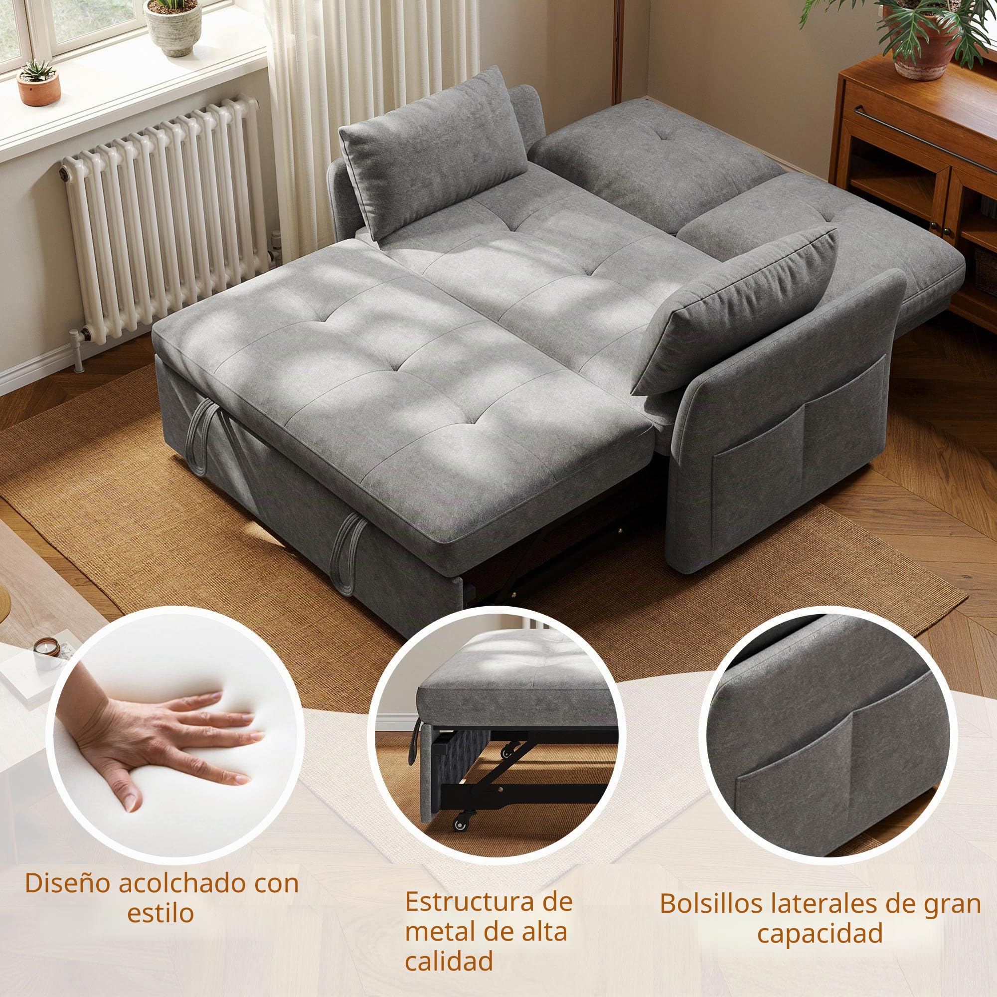 Sofá Cama 3 en 1 con Respaldo Ajustable en 5 Posiciones, sofá Cama con 2 Cojines y 2 Bolsillos Laterales, sofá de 2 plazas Gris de Lino para Dormitorio de Invitados y Espacios pequeños