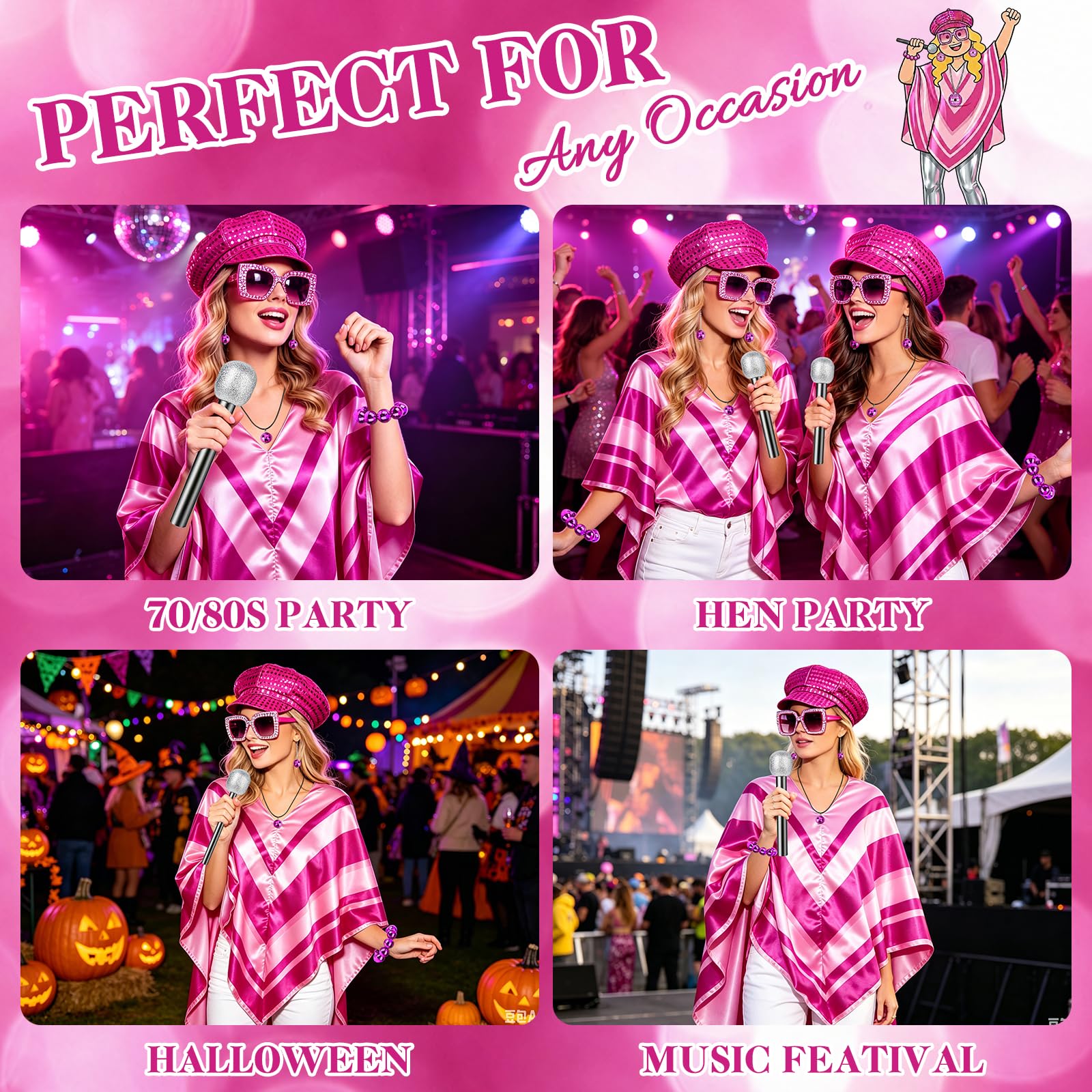70s Disco Fancy Dress Set for Women 7PCS Retro Sequin Poncho Costume Accessories with Beret Hat, Square Sunglasses - Image 7