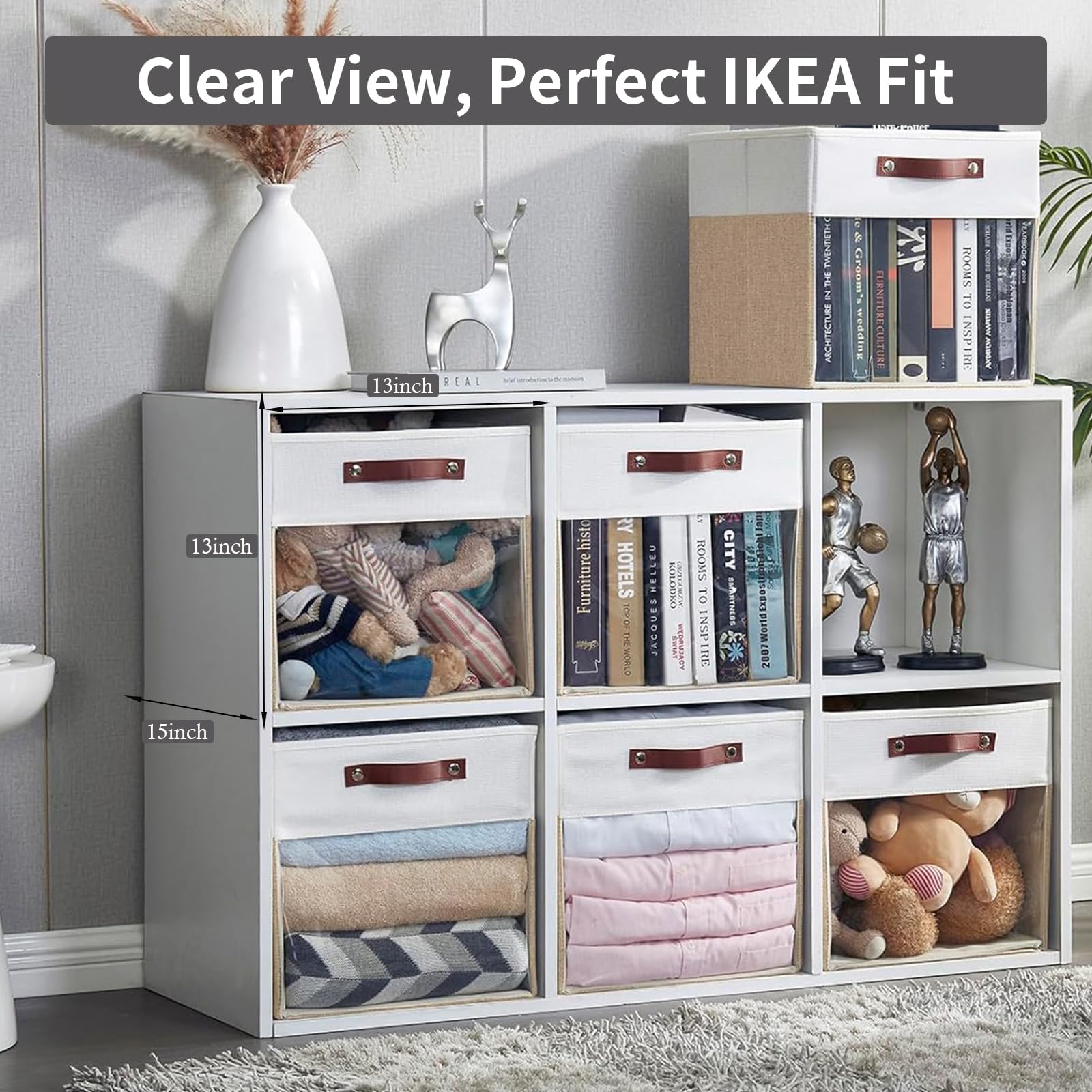 Bagnizer 4er Pack Große Faltbare Leinen Aufbewahrungsbox mit Sichtfenster | 33 × 38 × 33 cm, Faltbox mit 2 Griffen, Kallax Boxen, für Kleiderschrank und Regal, Kleidung, Spielzeug, Bücher, Beige & Weiß