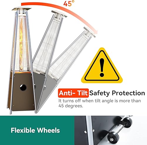 Miniatura 3 de YITAHOME Calentador de patio al aire libre de 46,000 BTU, calentador de pie de propano piramidal de 87 pulgadas de acero inoxidable con ruedas y