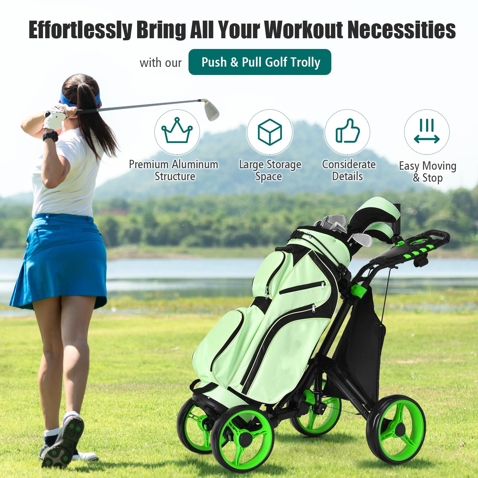 LIFEZEAL Carrello da golf leggero con 4 ruote, carrello da golf pieghevole con borsa, freno a pedale e maniglia regolabile, 110 x 65 x 100 cm