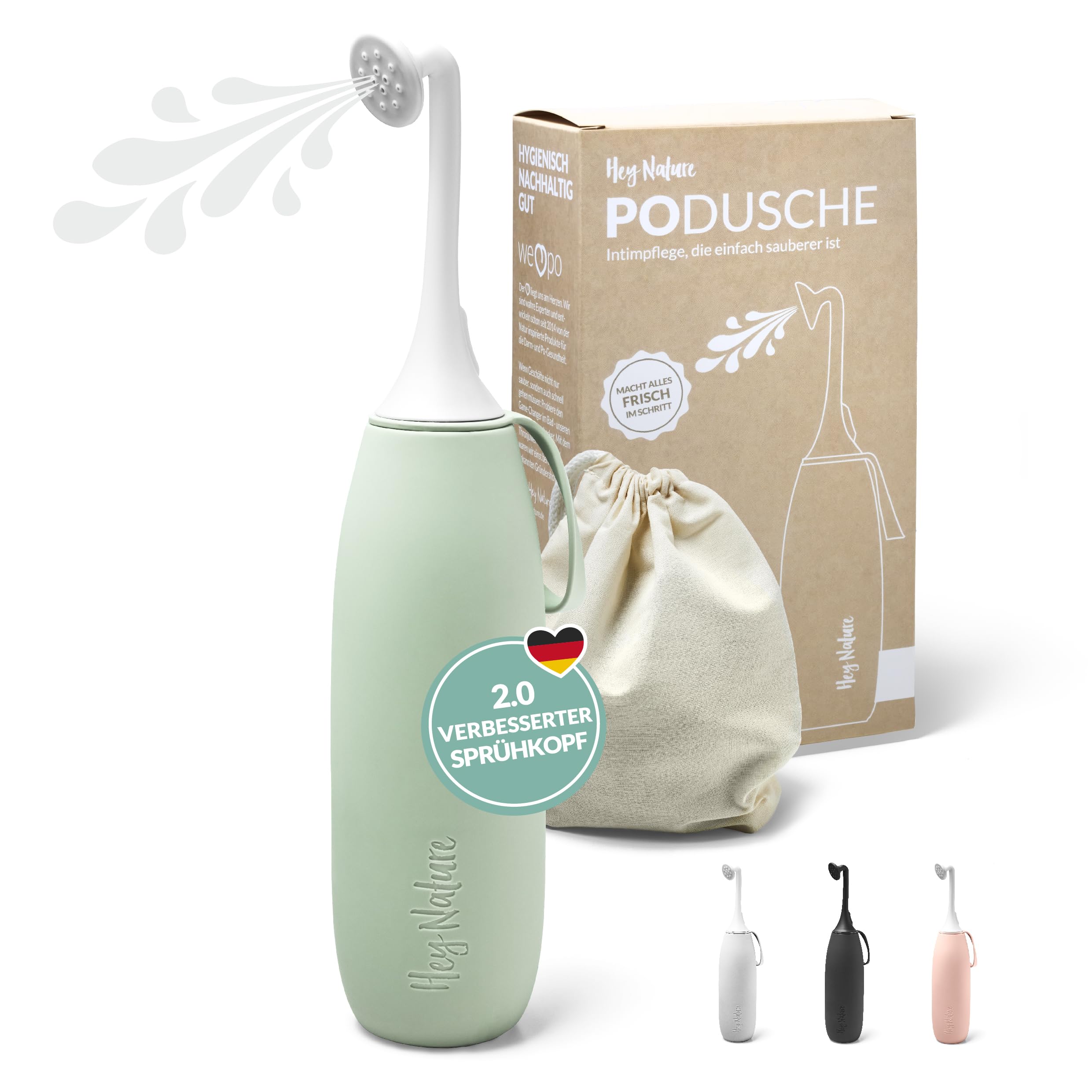 Hey Nature Po Dusche, mobiles Bidet für eine sanfte, hygienische Reinigung des Intimbereichs. Podusche für mehr Wohlbefinden im Wochenbett, bei Hämorrhoiden & alternativ zu feuchtem Toilettenpapier