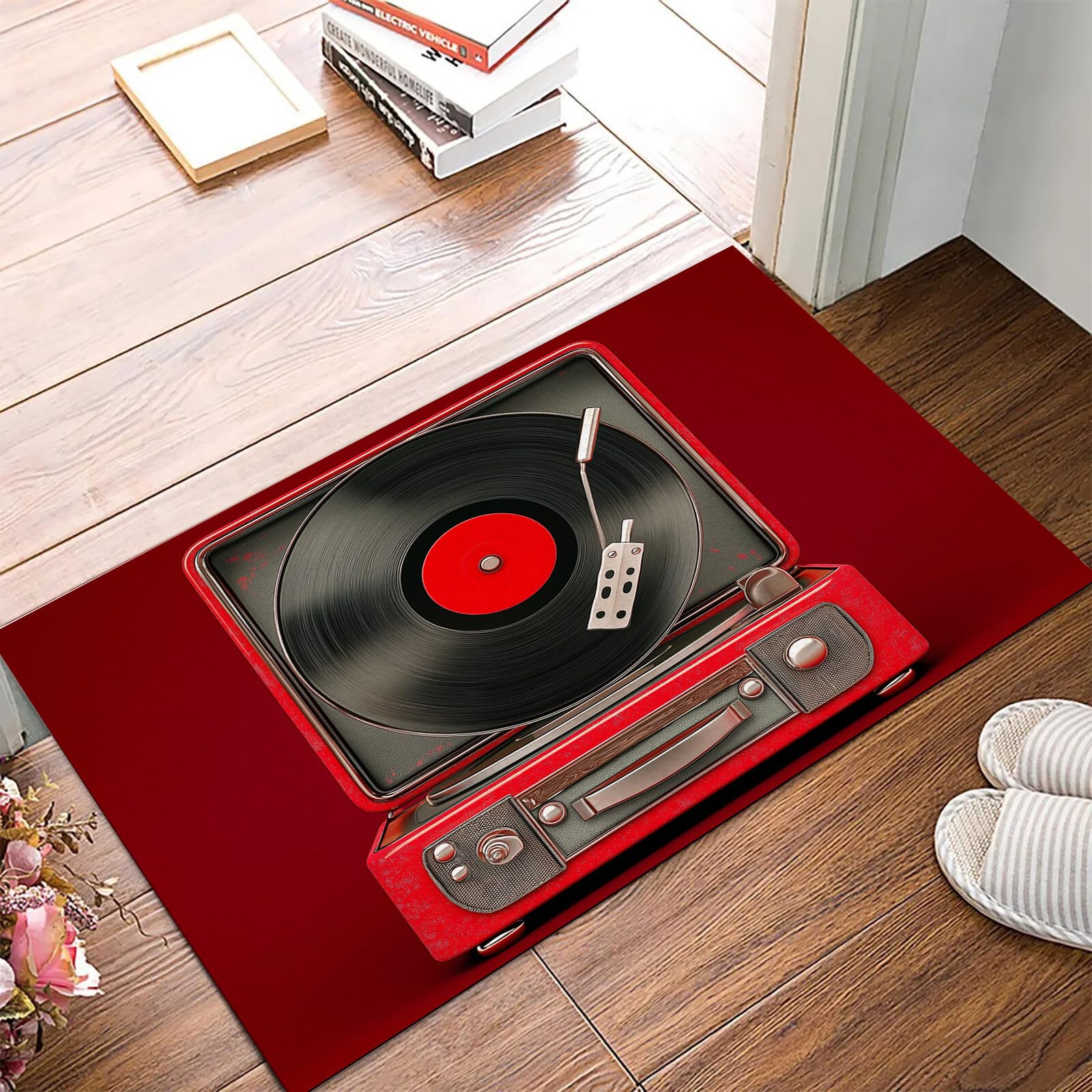 Tappetino Antiscivolo Rosso Nero Giradischi In Vinile 3D,Benvenuto Interni Ed Esterni Tappeto Metallo Retrò,Zerbino Per Porta D'Ingresso Camera Da Letto Soggiorno,90X150Cm