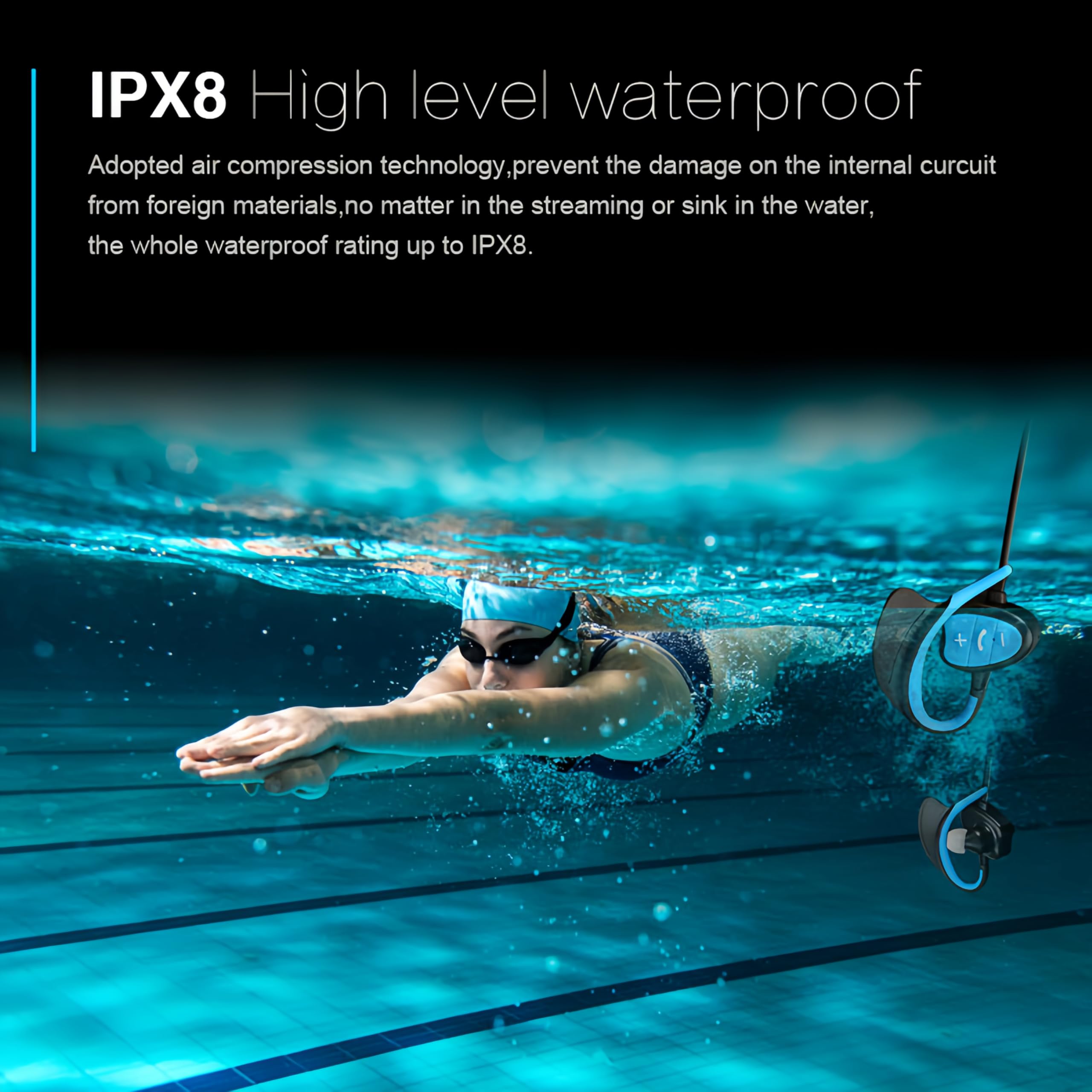Bewinner Casque de Natation Bluetooth Étanche IPX8 avec Réduction du Bruit et Invite Vocale pour Surf et Plongée – Casque sous-Marin sans Fil en Bleu