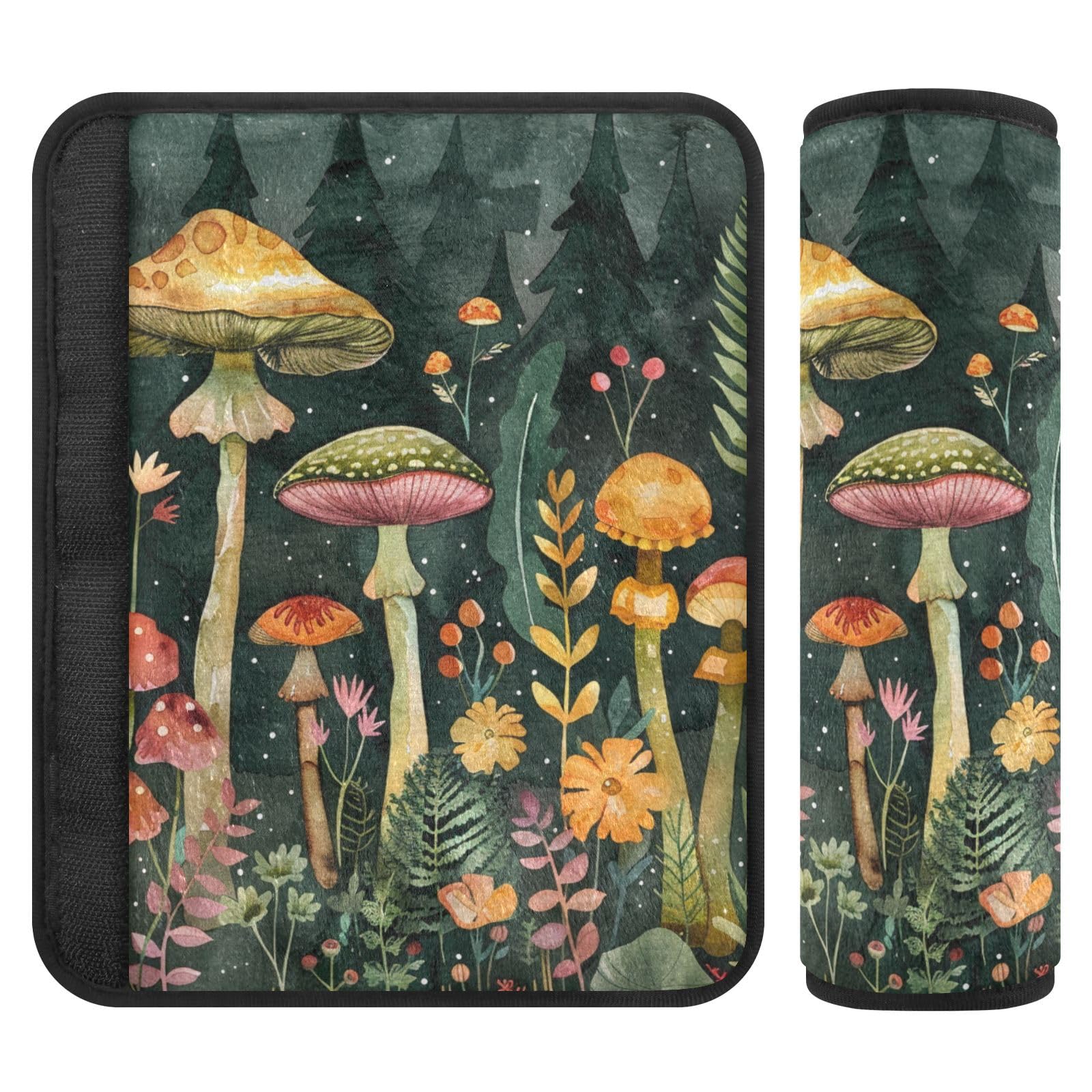 Forest Mushroom Scene Green Seat Belt Cover Pad 2 Pcs Soft Cute Seatbelt Covers Protector Support Head Neck Shoulder Strap for Car Seats High Chair Backpack for Adults Kids Women Men 10x7.7In 2