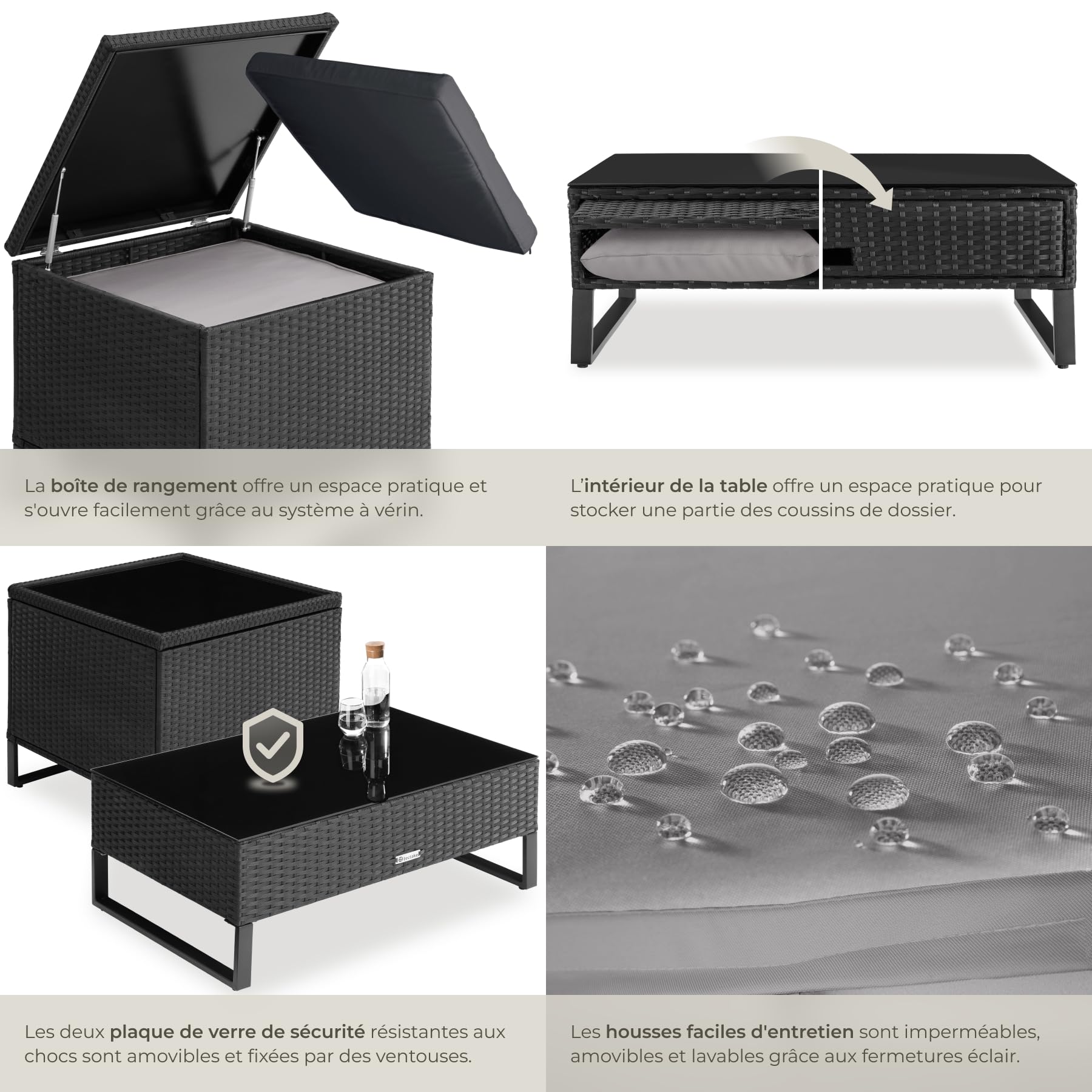 Tectake Ensemble Salon de Jardin Exterieur Modulable en Rotin, Canape 4 Places, Table Basse Verre, Coffre Rangement, Coussins Inclus
