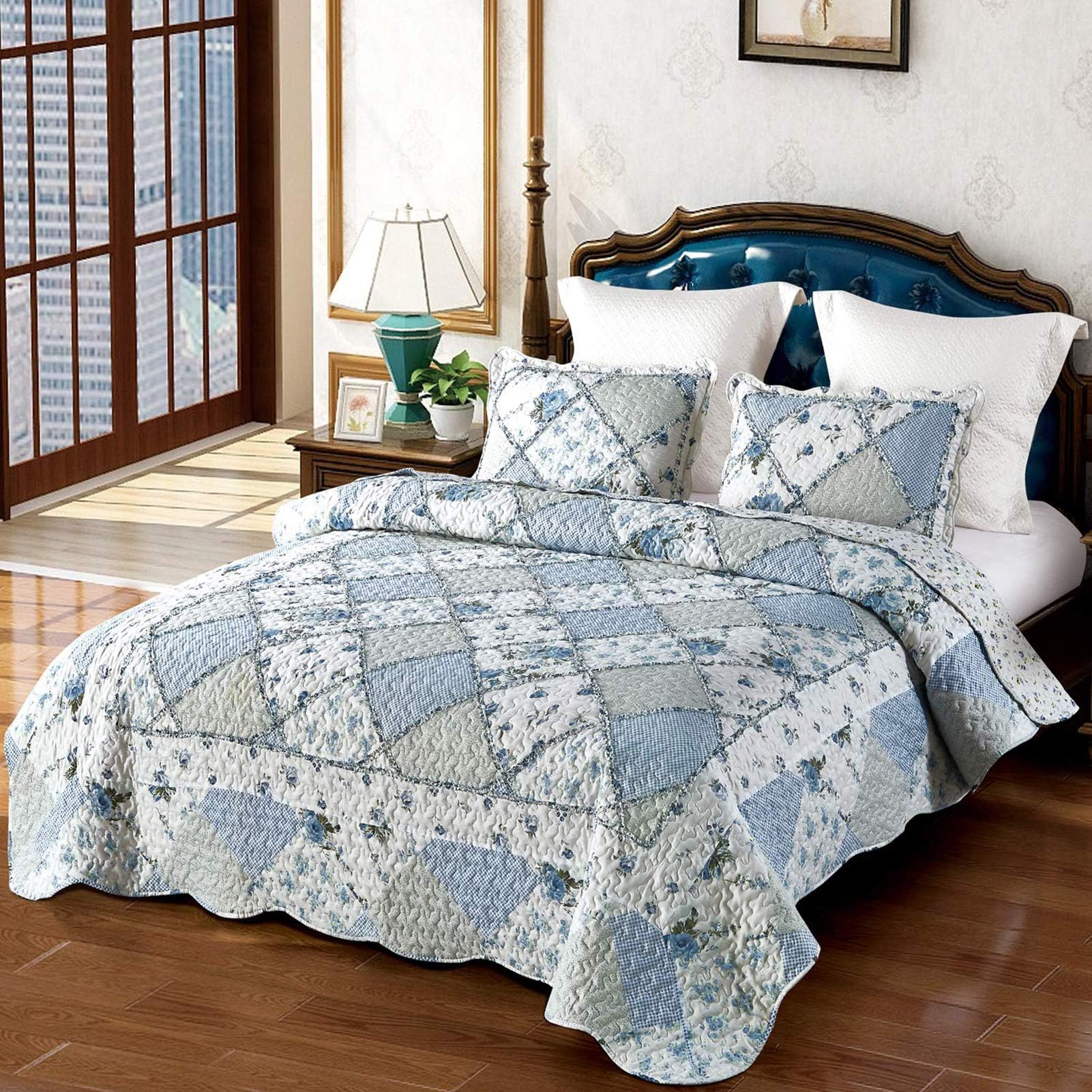 DECMAY Colcha Cama 150 Colchas Patchwork Azul 220x240 cm, Colcha con Diseño de Flores, Edredón con Volantes, Manta Multiusos para Sofá, Incluye 2 Fundas de Almohada 50x75 cm