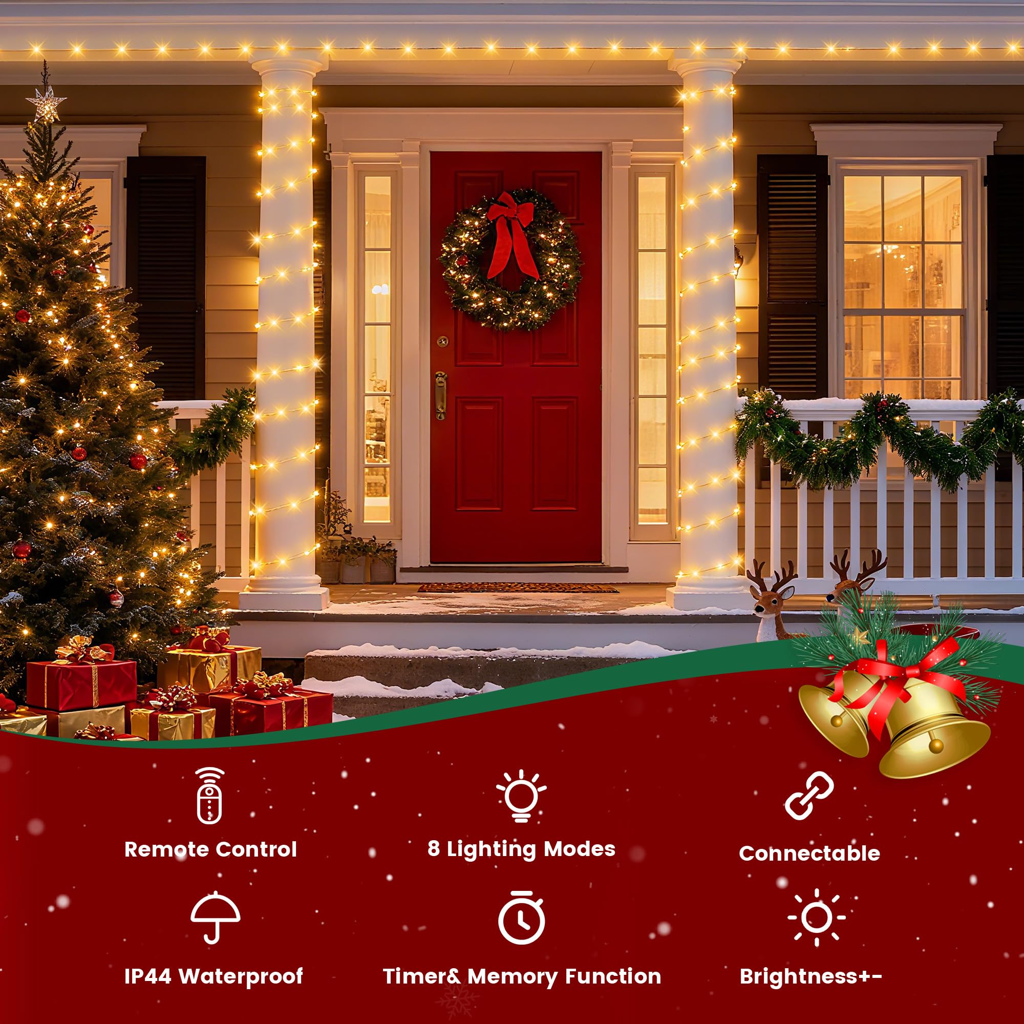 Guirnalda de luces de Navidad para interiores y exteriores, cable transparente, 200 luces LED de 66 pies conectables, luces de Navidad blancas cálidas para exteriores para dormitorio, 8 modos