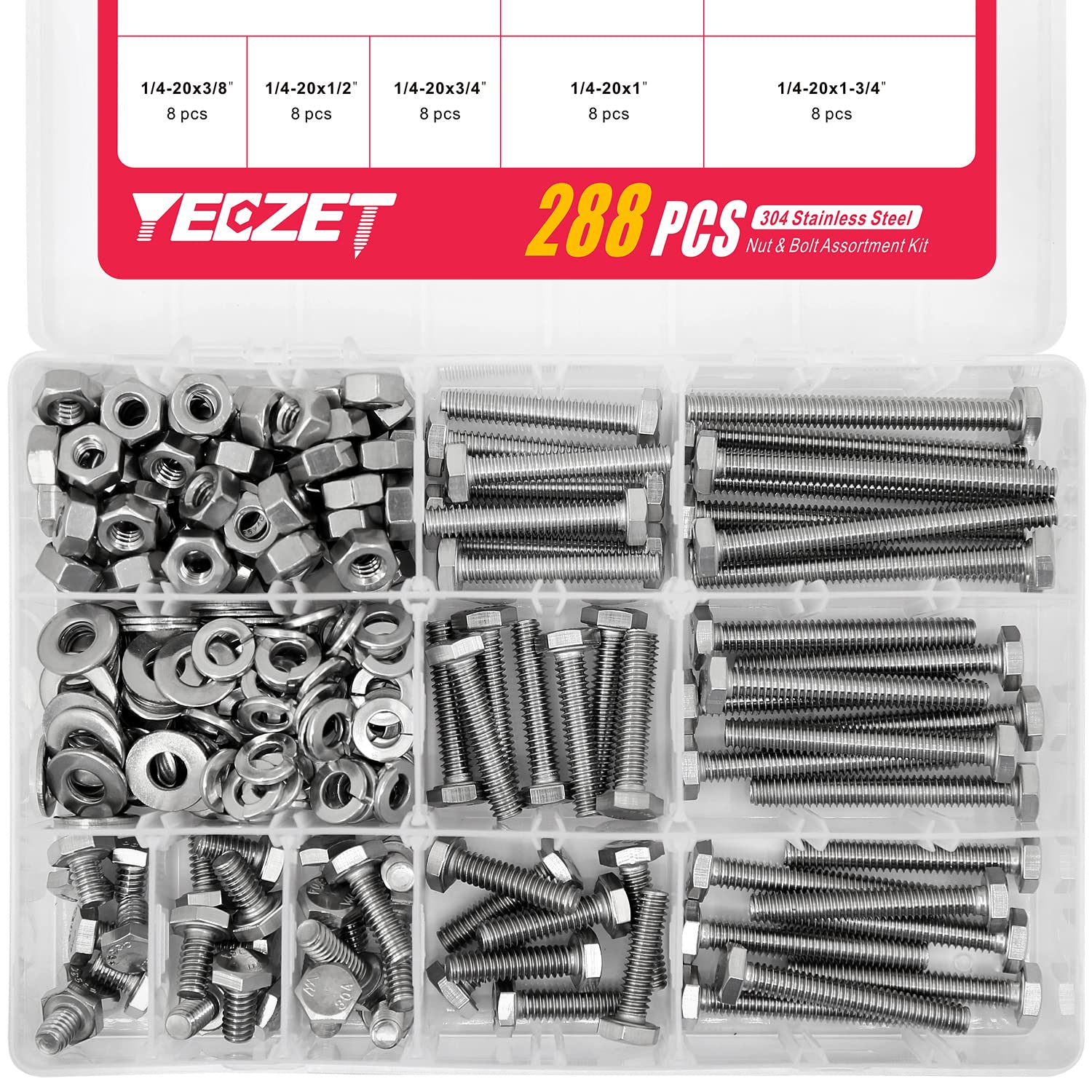 288PCS 1/4-20 Hex Bolts and Nuts Washers Assortment Kit, 304 Stainless Steel 18-8, Includes 9 Most Common Sizes, Fully Machine Thread