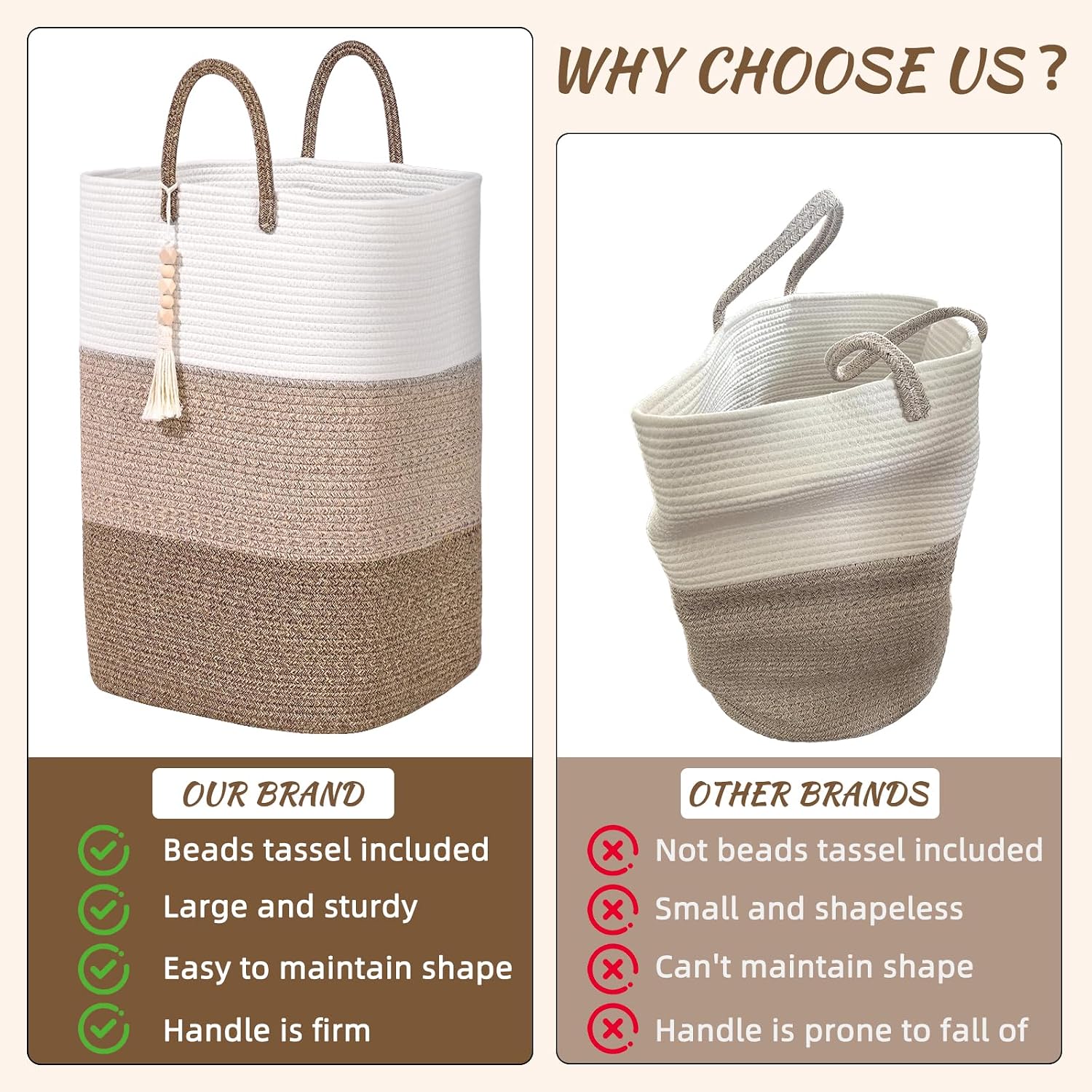 Woven Laundry Basket for Clothes,65 L Large Rectangle Laundry Hampers with Beads Tassel, Nursery Storage Basket for Toys, Tall Dirty Clothes Hamper for Bedroom Aesthetic, Laundry Room Organization image 3